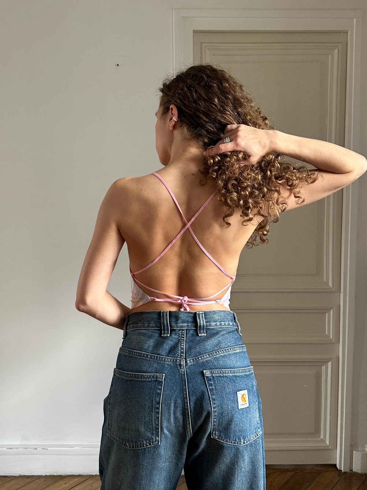 Vintage Sisley Check Cotton Crop Halter Top in Pink