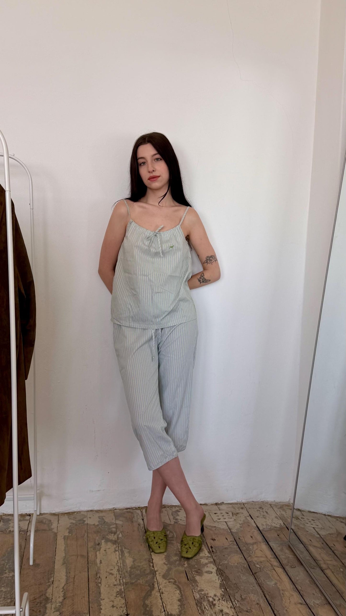 Vintage 90s striped pajama cotton top and trousers set in white