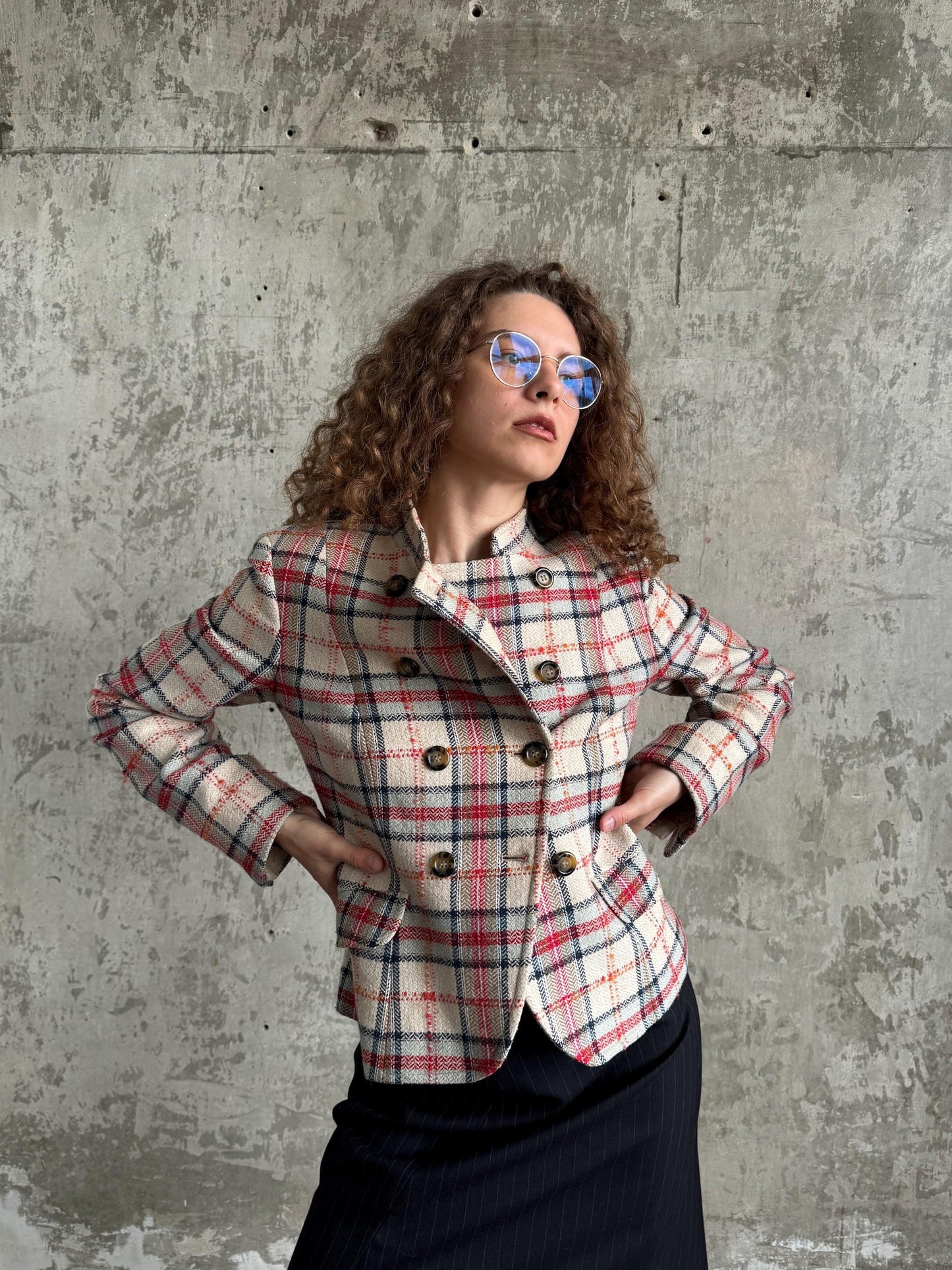 Vintage Weekend Max Mara Plaid Wool Blazer in Pink and Beige