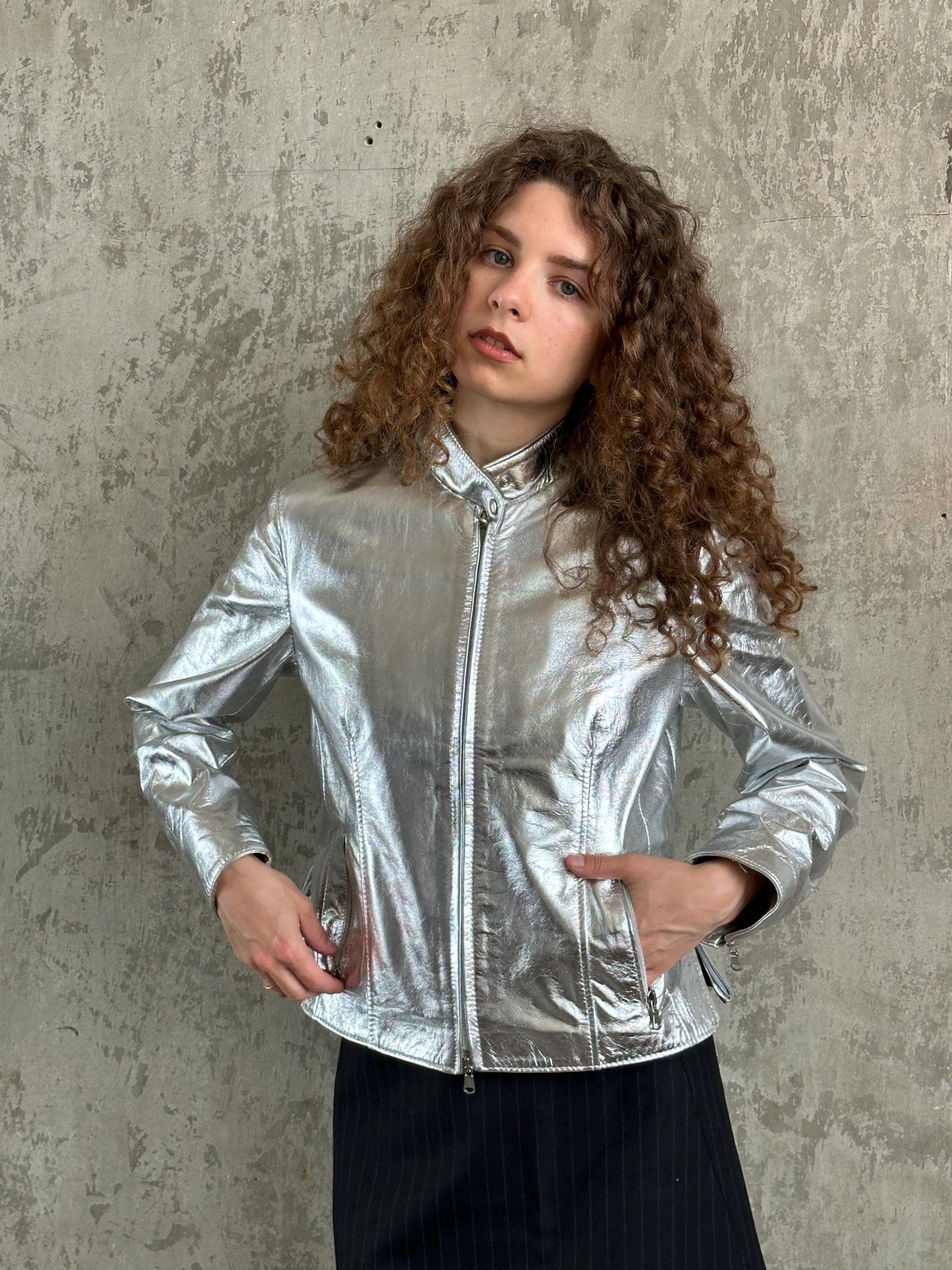 Vintage Y2K Silver Metallic Leather Jacket | Moto Racer Zip Jacket