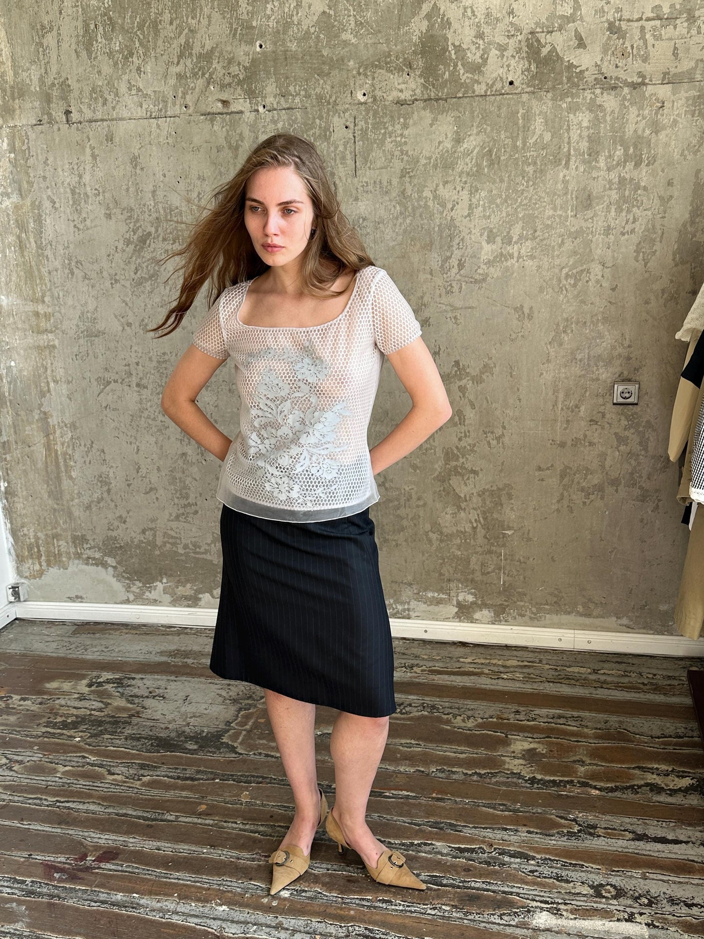 Vintage Cavalli Jeans Grey Mesh Top | Sheer Fishnet T-Shirt