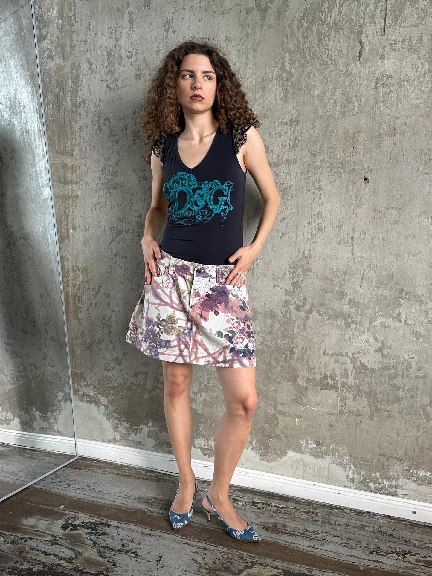 Vintage Y2K Cavalli Denim Floral Mini Skirt in Pink