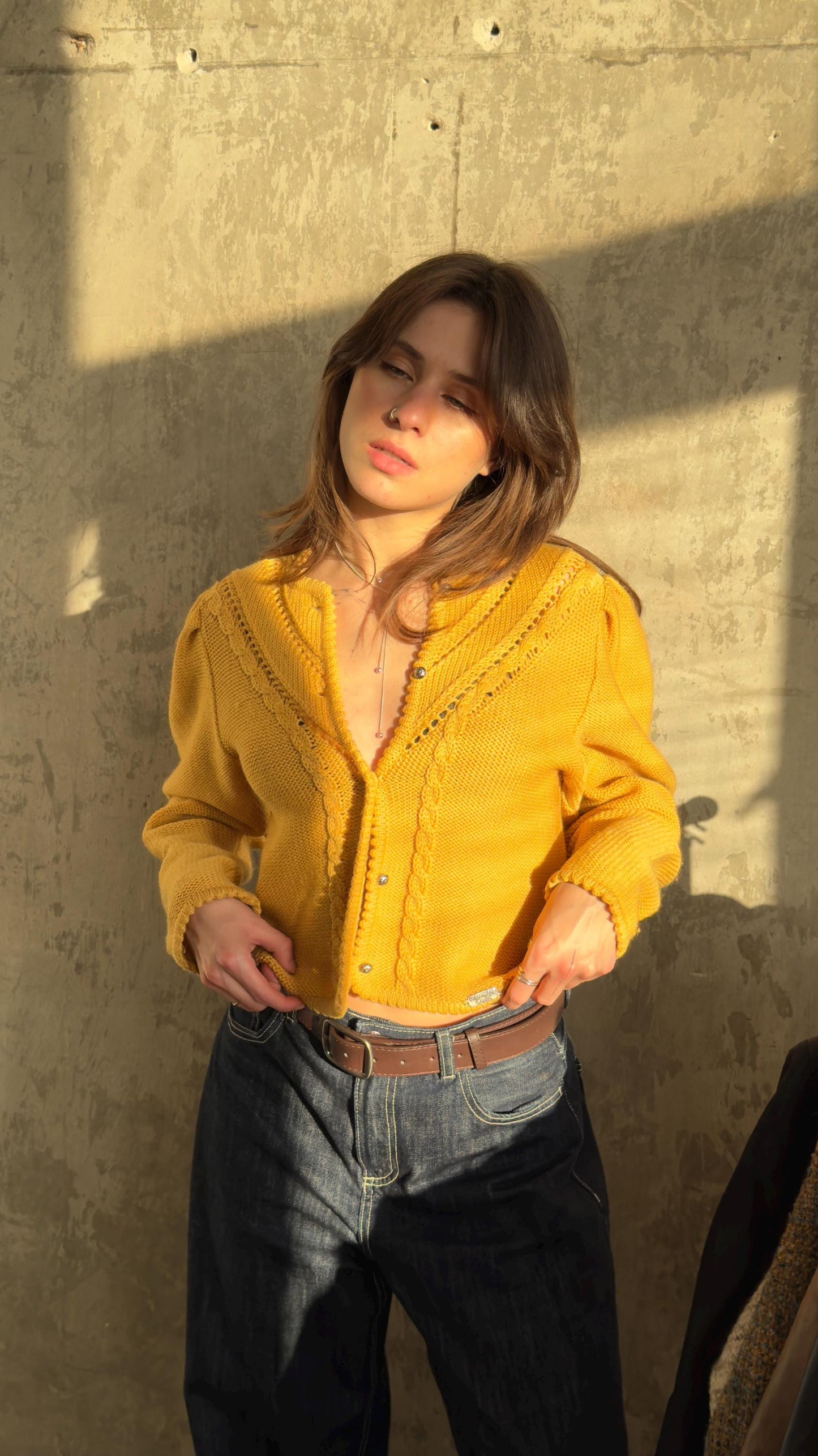 Vintage traditional knitted cardigan in yellow