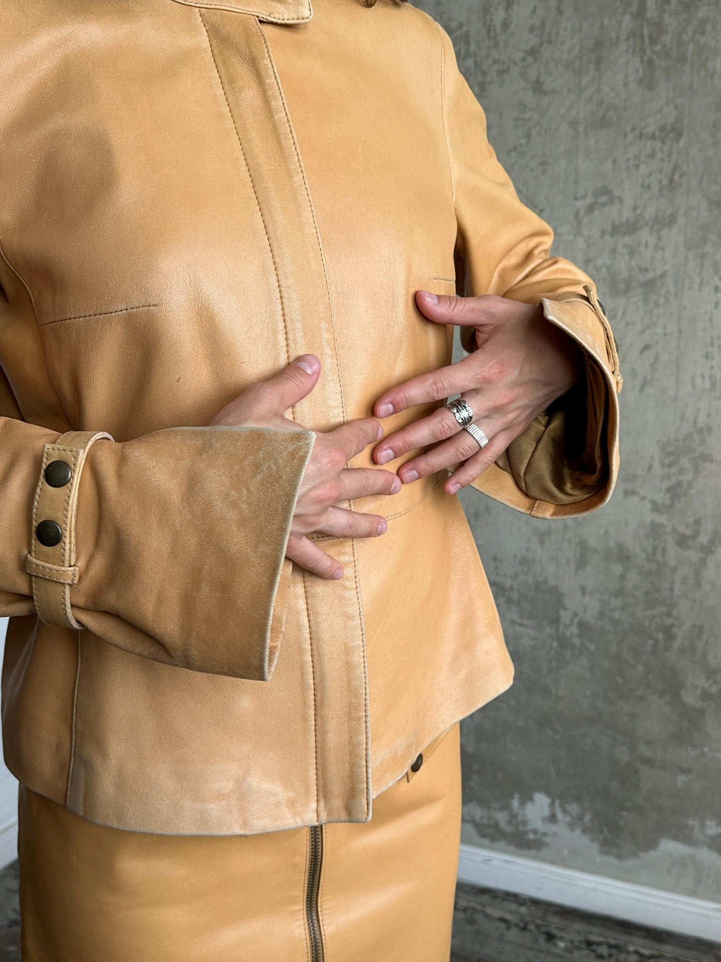 Vintage 90s Camel Tan Leather Suit | Jacket & Zip Skirt Set in Brown