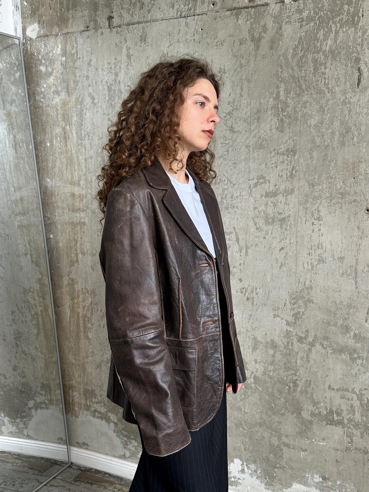 Vintage Brown Leather Tailored Blazer Jacket | Distressed Worn-In Leather