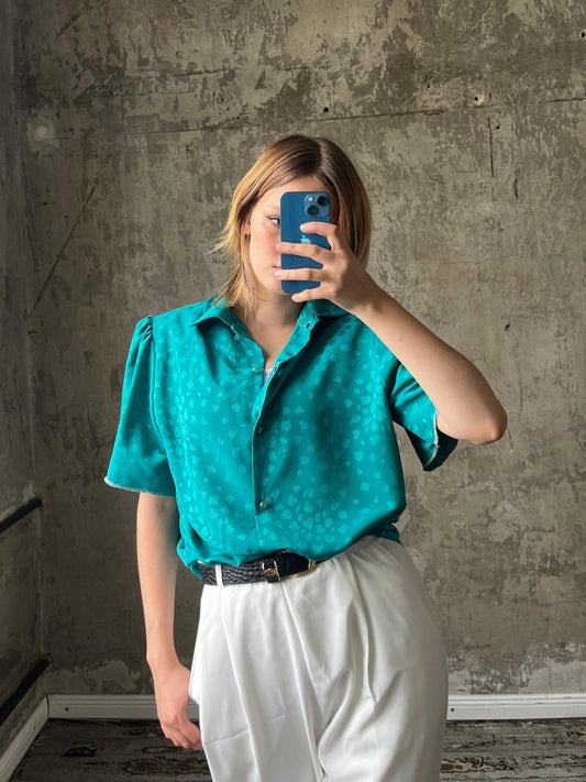 Vintage 80s tie collar blouse in teal blue