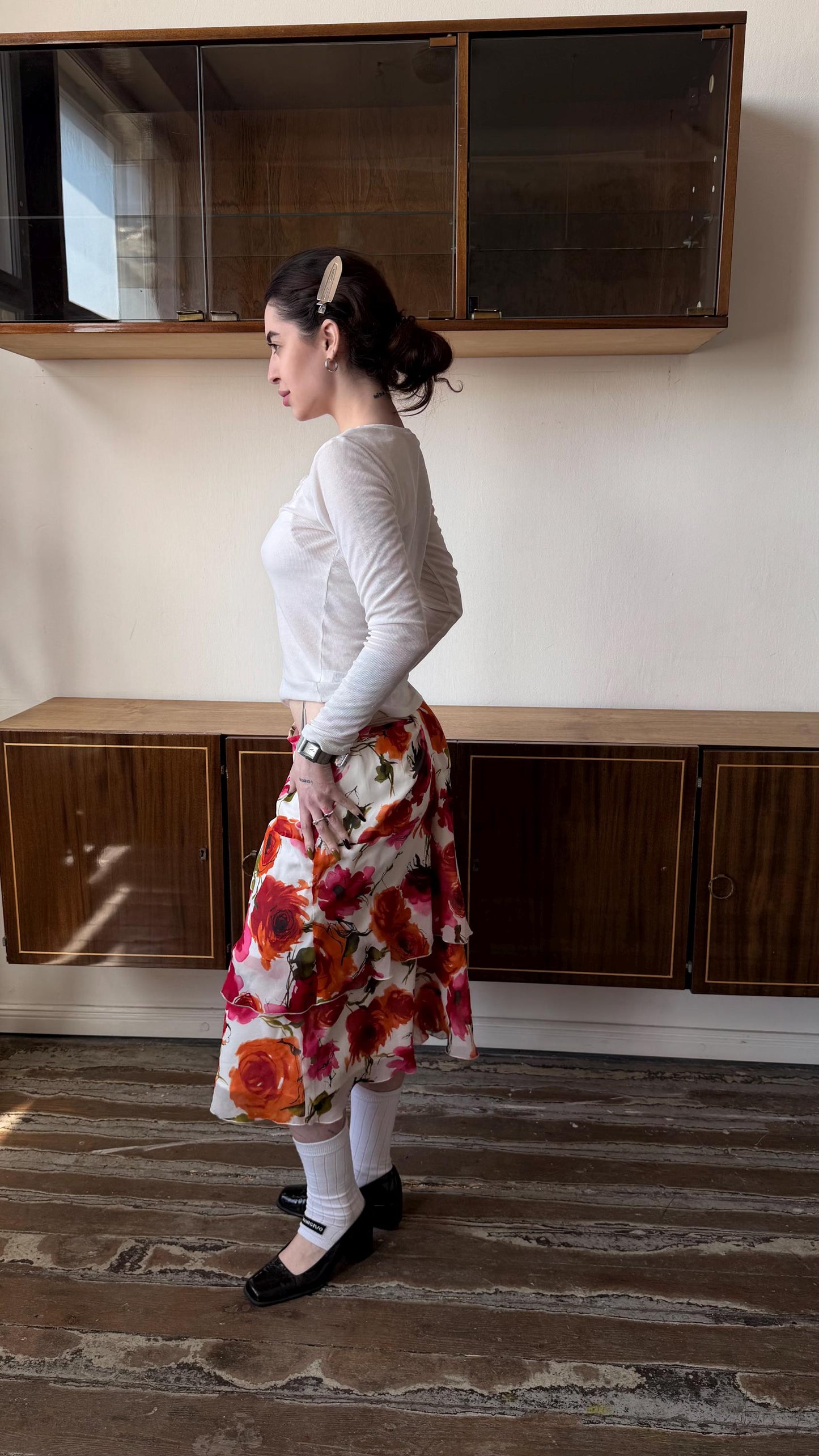 Vintage Marella Silk Floral Midi Skirt, Y2K Italian Bias Cut Slip Skirt (L/XL)