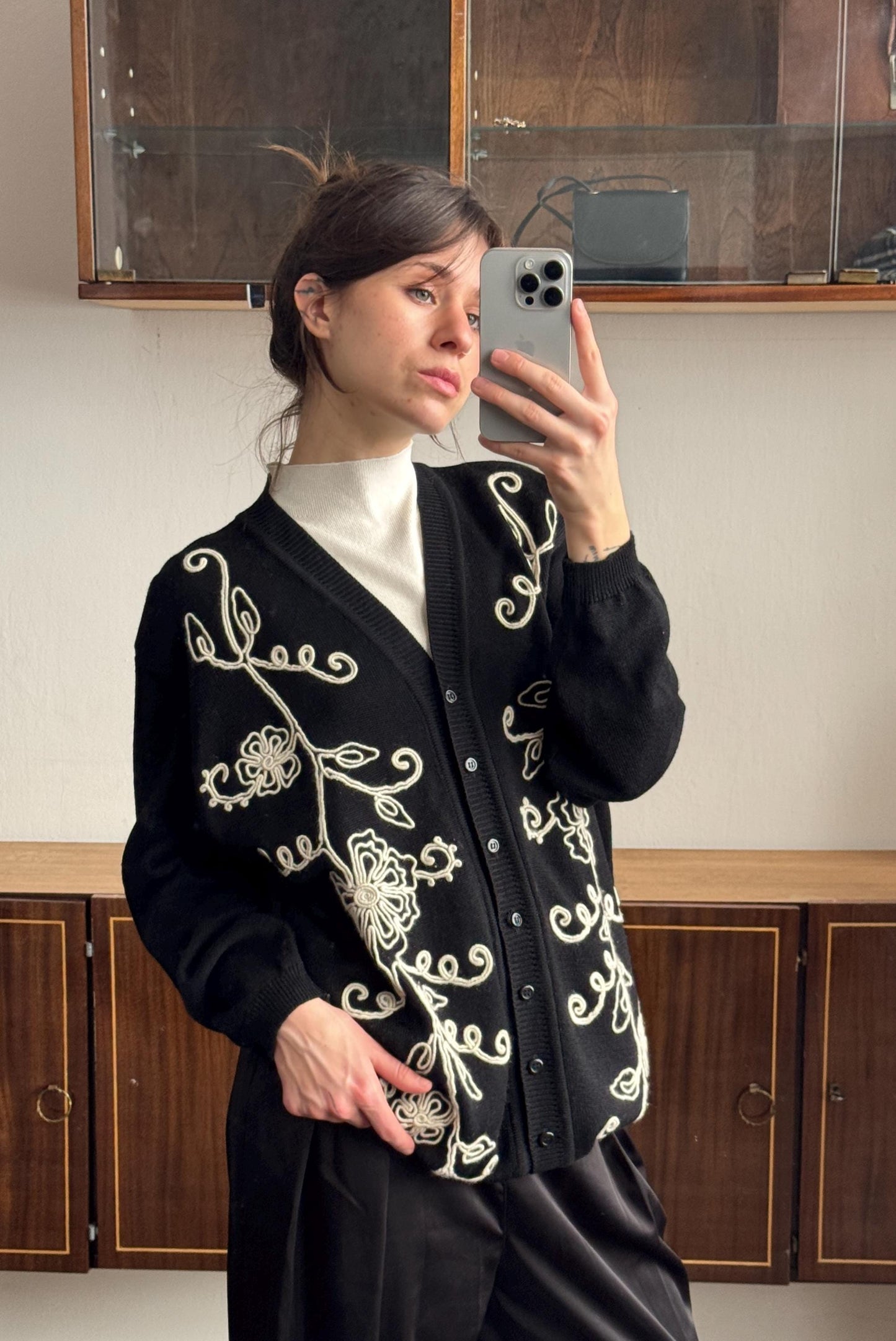 Vintage Oversized Wool Embroidered Cardigan In Black & White