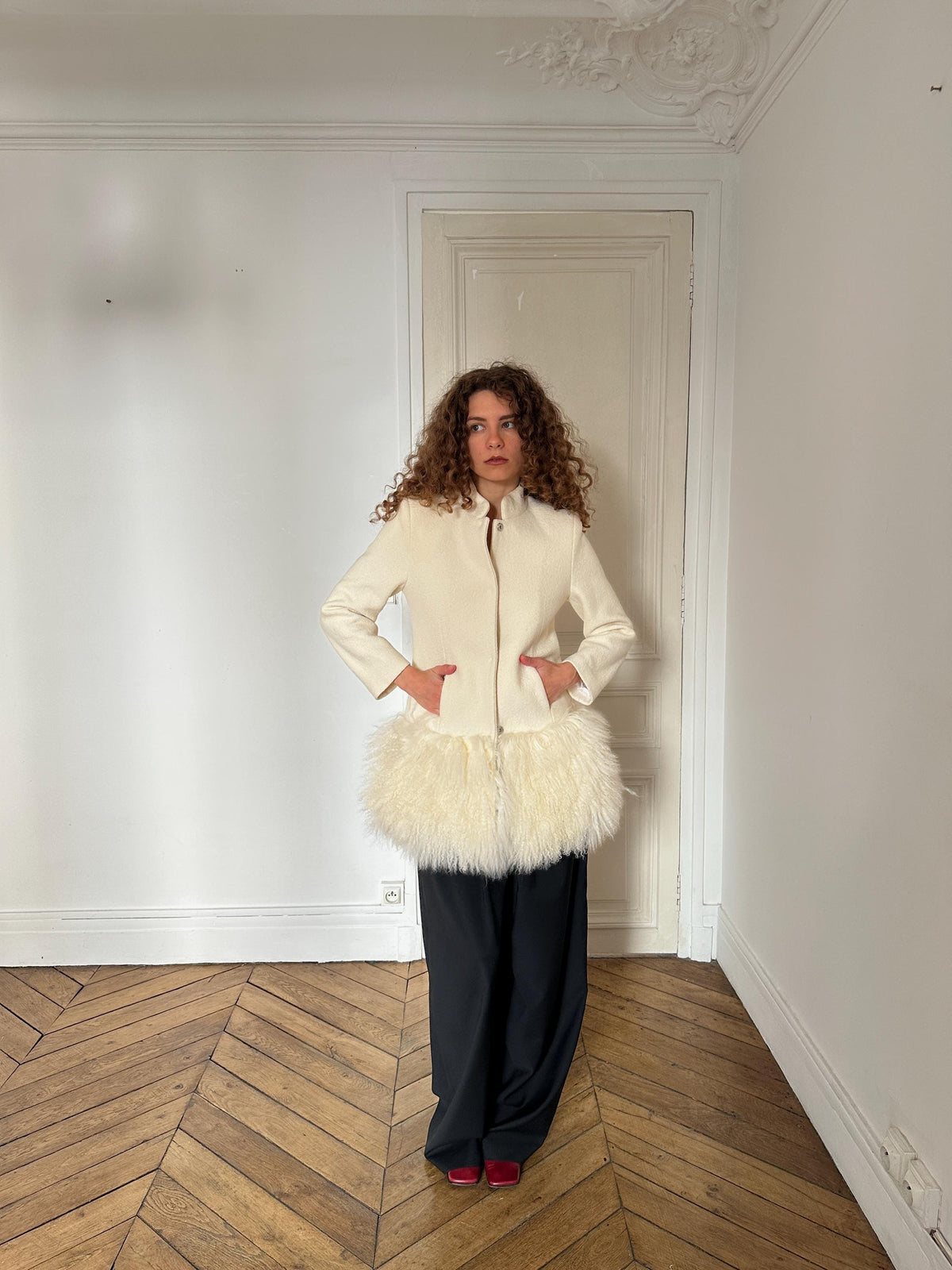 Vintage Boucle Mongolian Fur Hem Coat in Cream