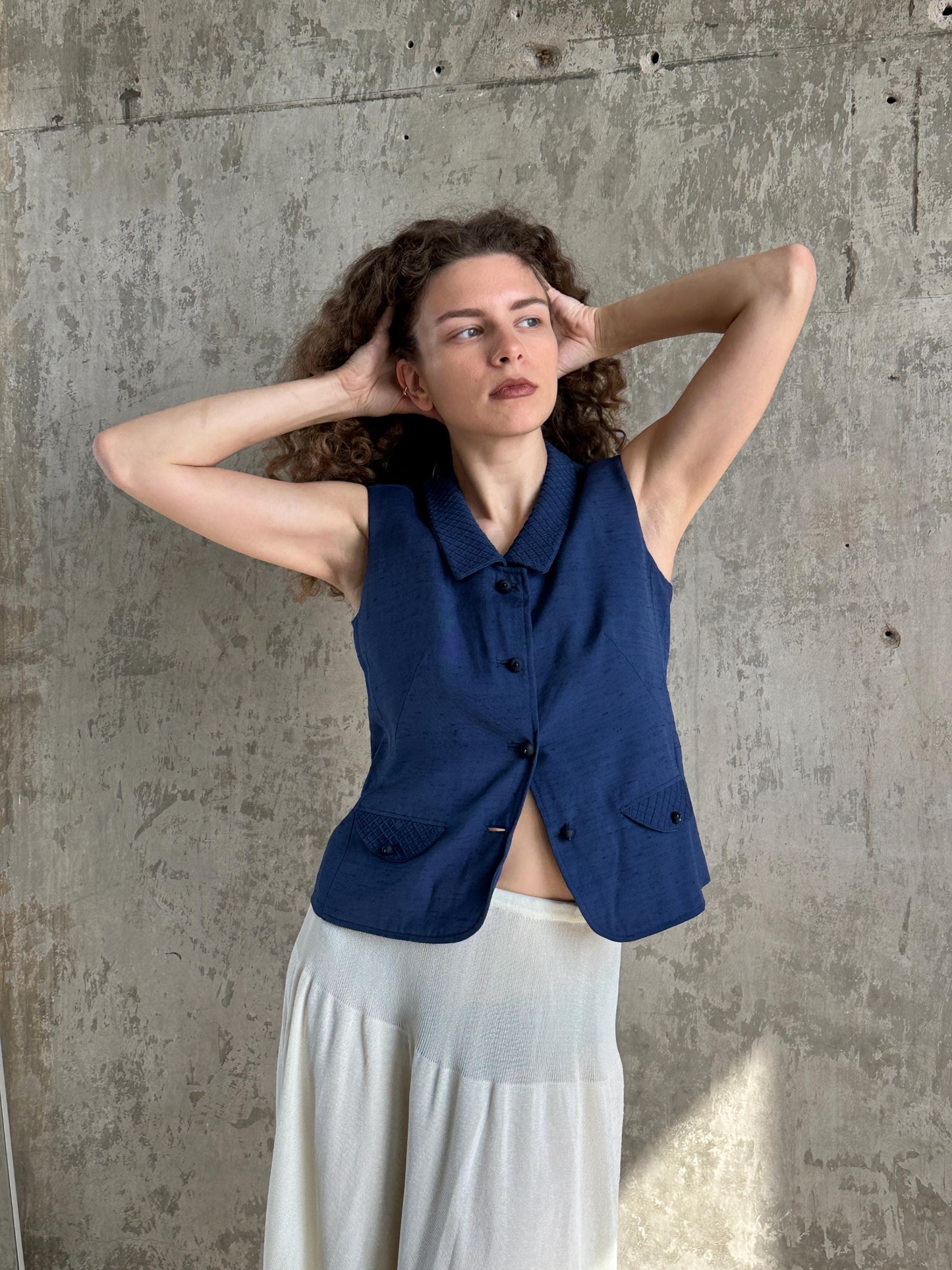 Vintage Italian Blue Linen Waistcoat Vest