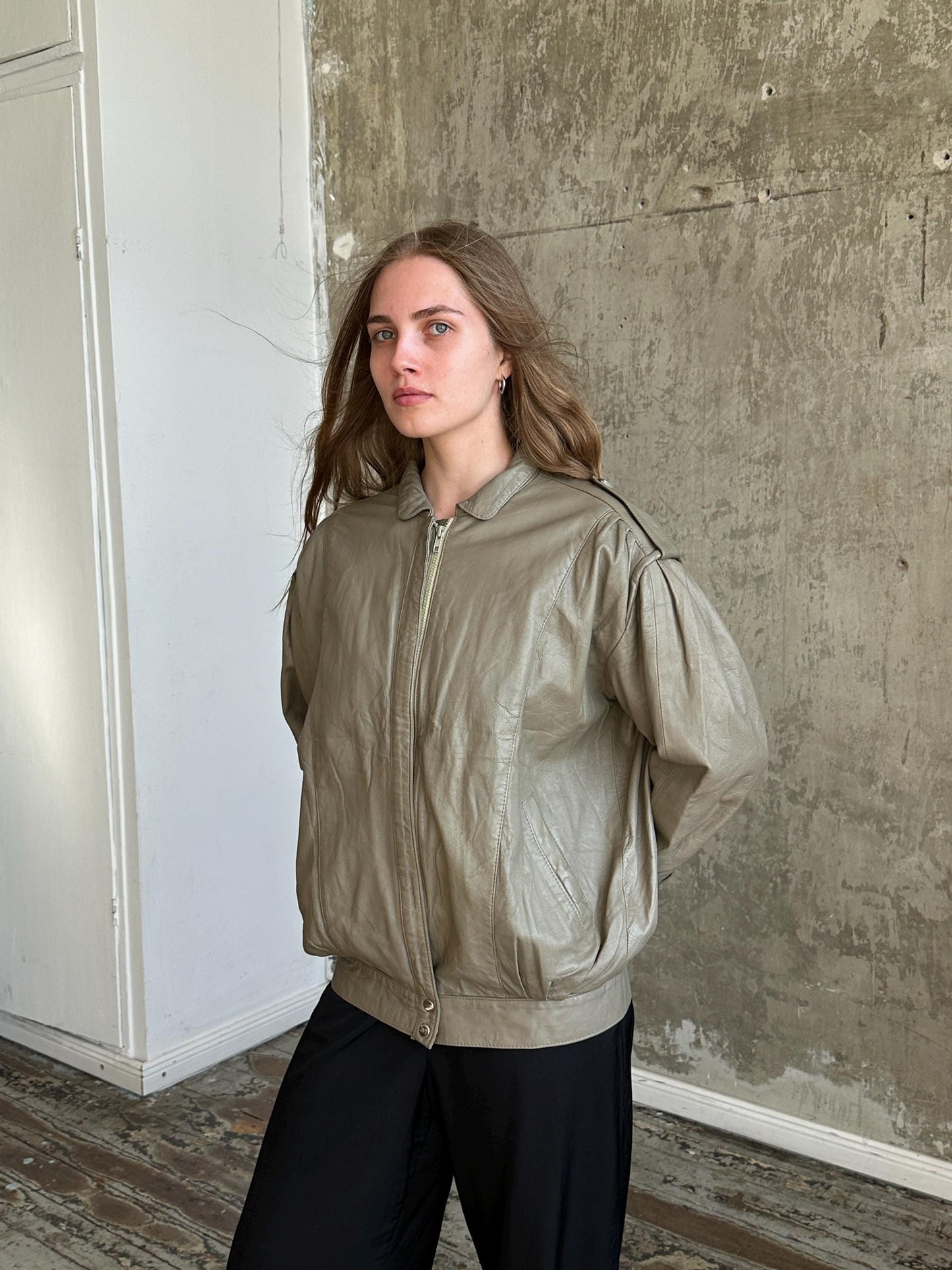 Vintage Oversized Leather Grey Bomber Jacket