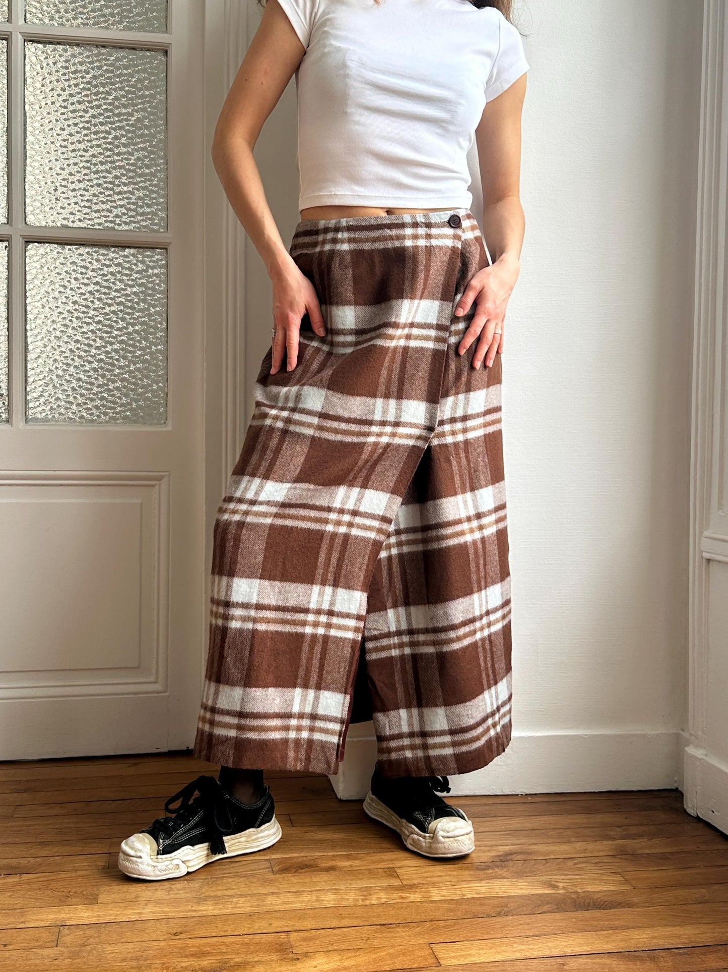 Vintage Plaid Wool Maxi Skirt in Brown