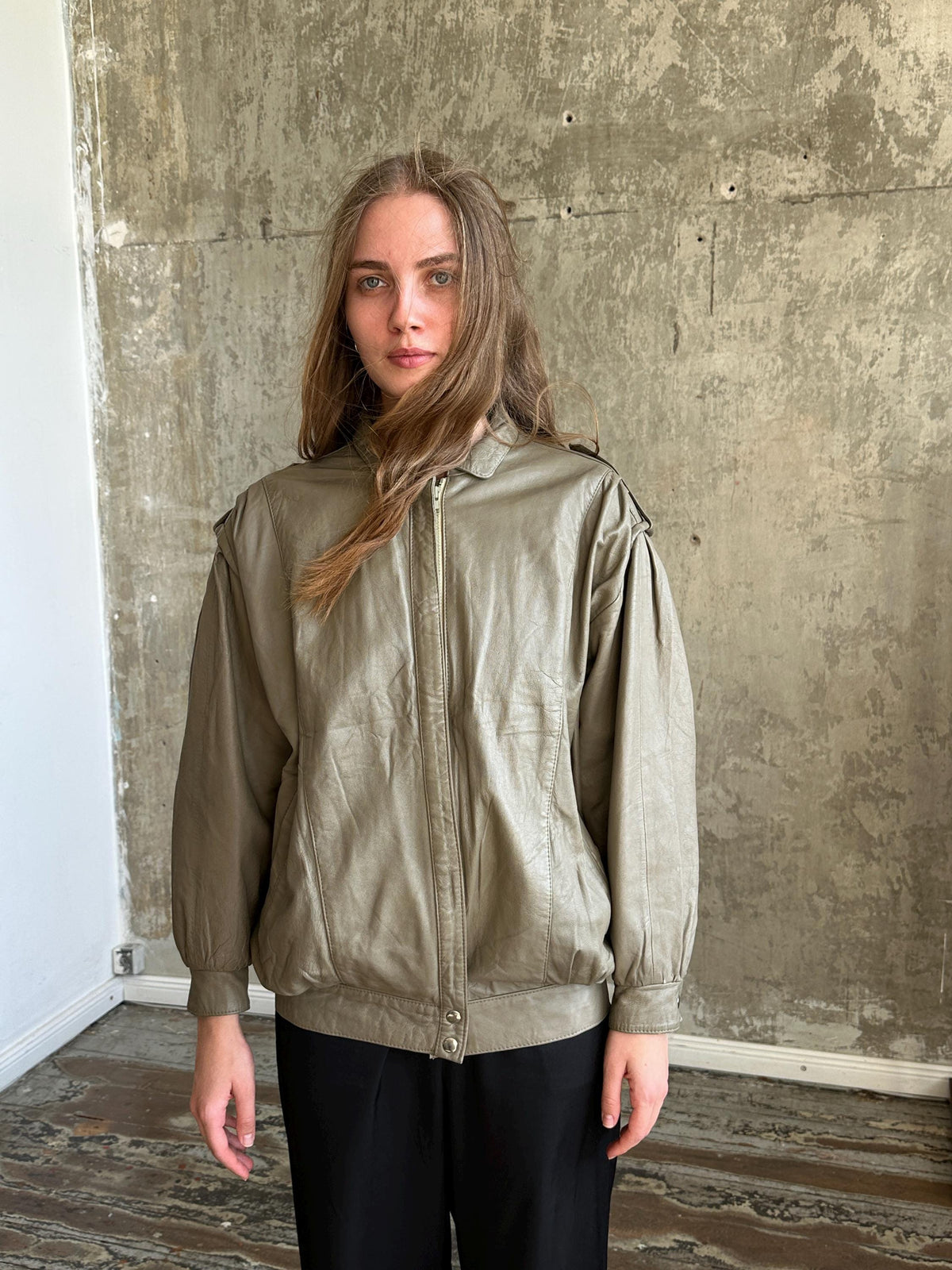 Vintage Oversized Leather Grey Bomber Jacket