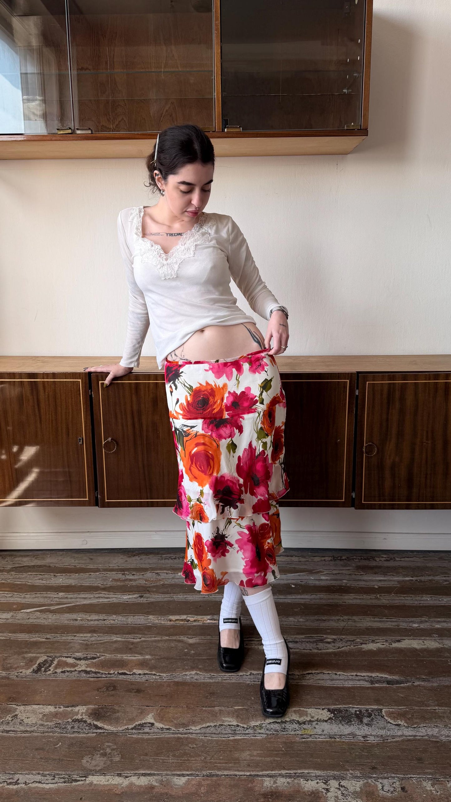 Vintage Marella Silk Floral Midi Skirt, Y2K Italian Bias Cut Slip Skirt (L/XL)