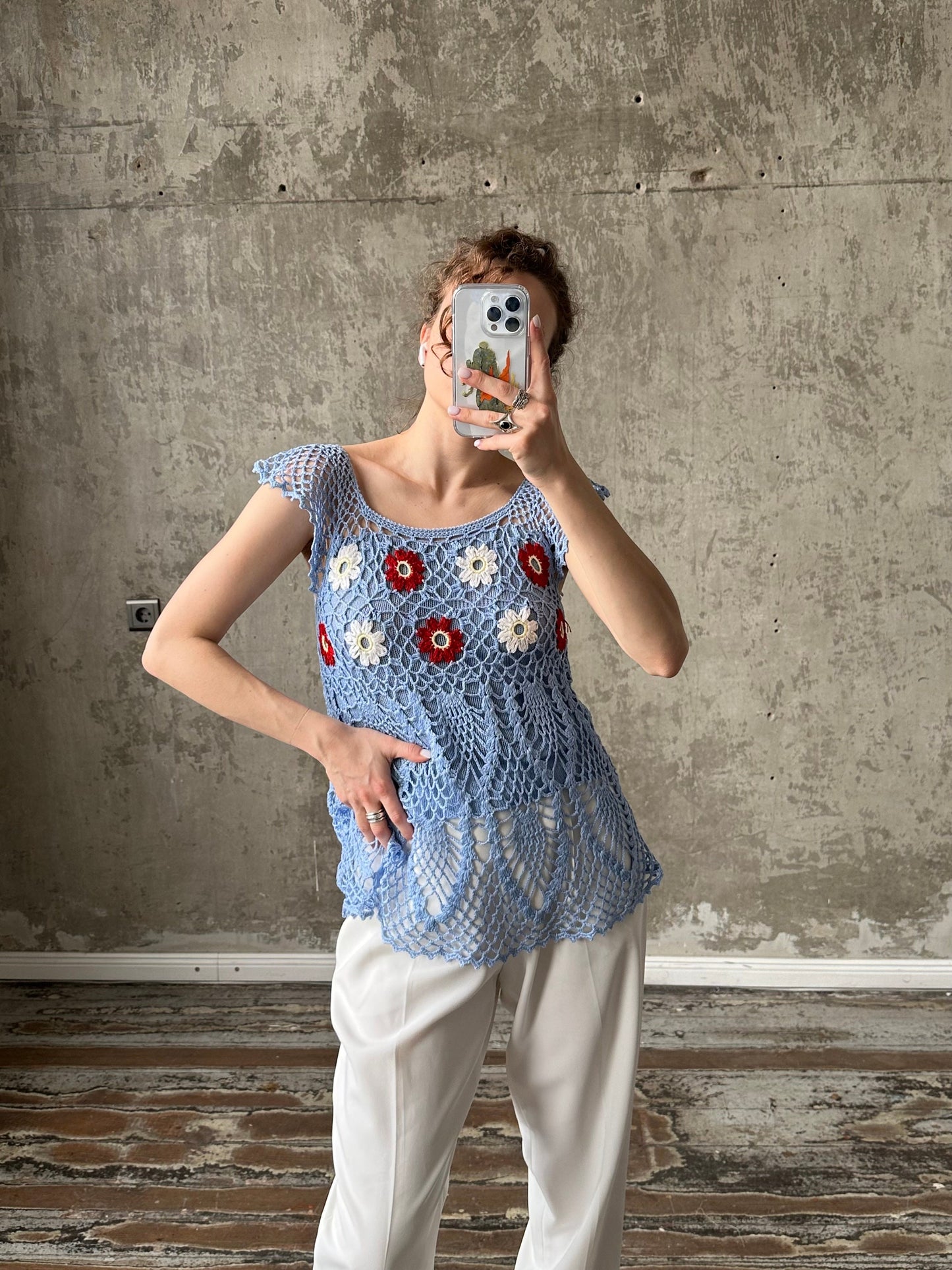 Vintage y2k purple knitted top, crochet top