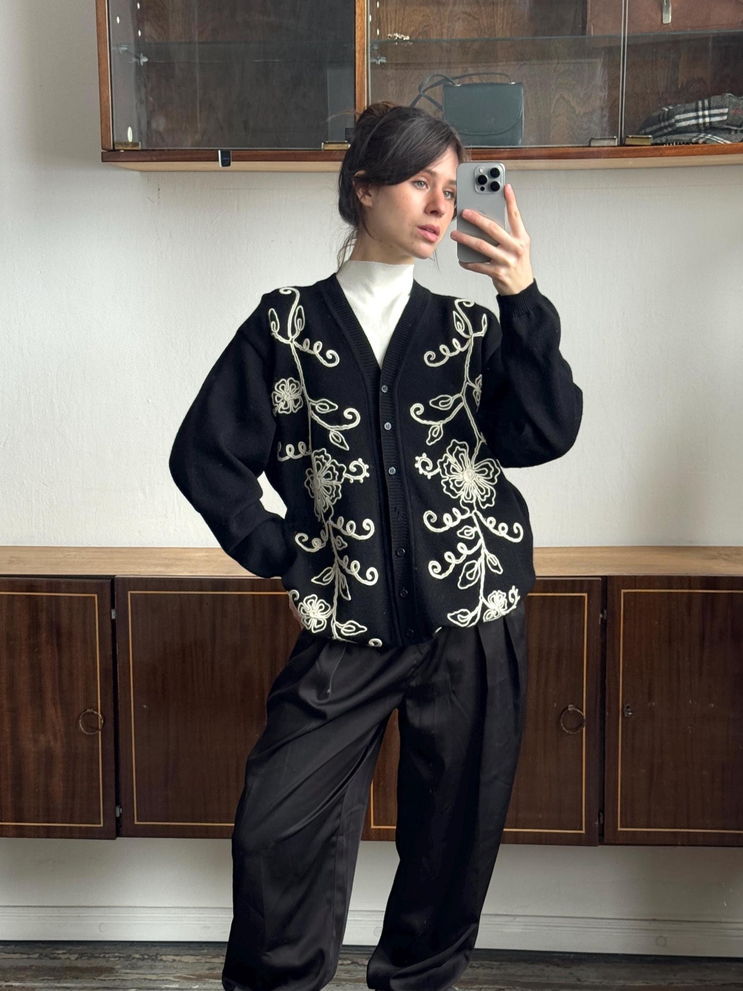 Vintage Oversized Wool Embroidered Cardigan In Black & White