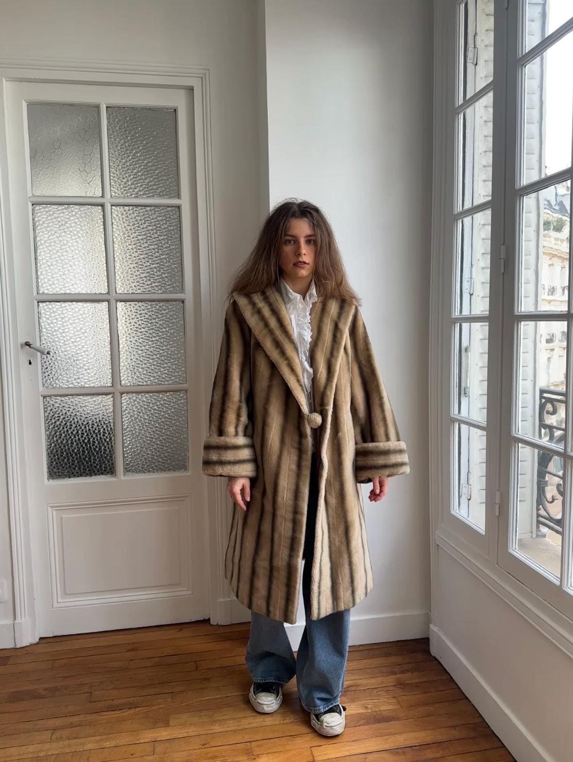 Vintage 60s Faux Fur Coat: Striped, Pom-Pom Closure, Midi Length, British Nylon