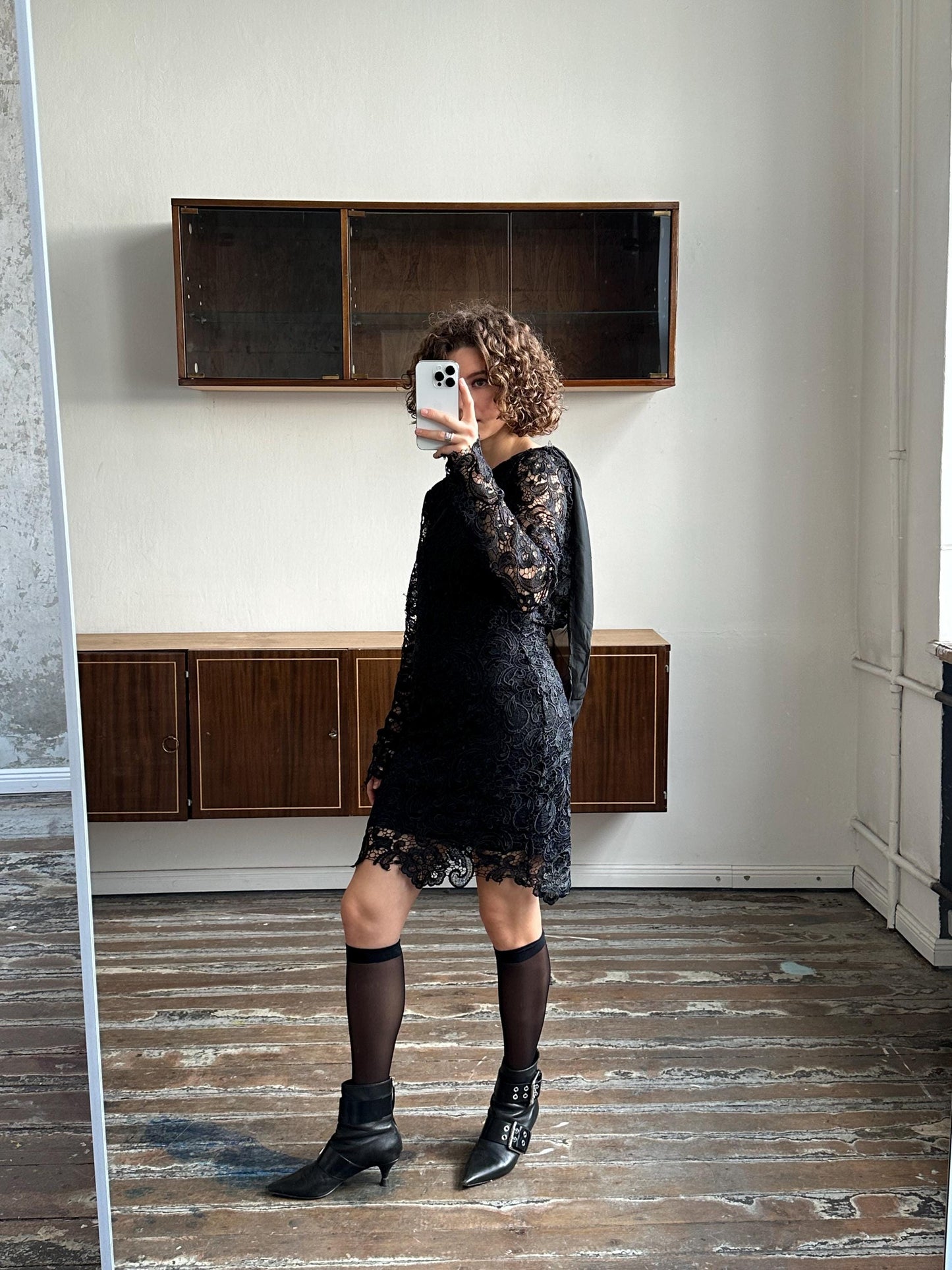 Vintage 90s long sleeve mini dress in black, lace slip dress