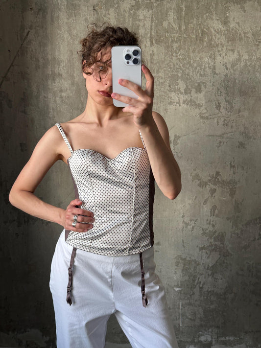 Vintage 90s polka dots corset top in white and brown