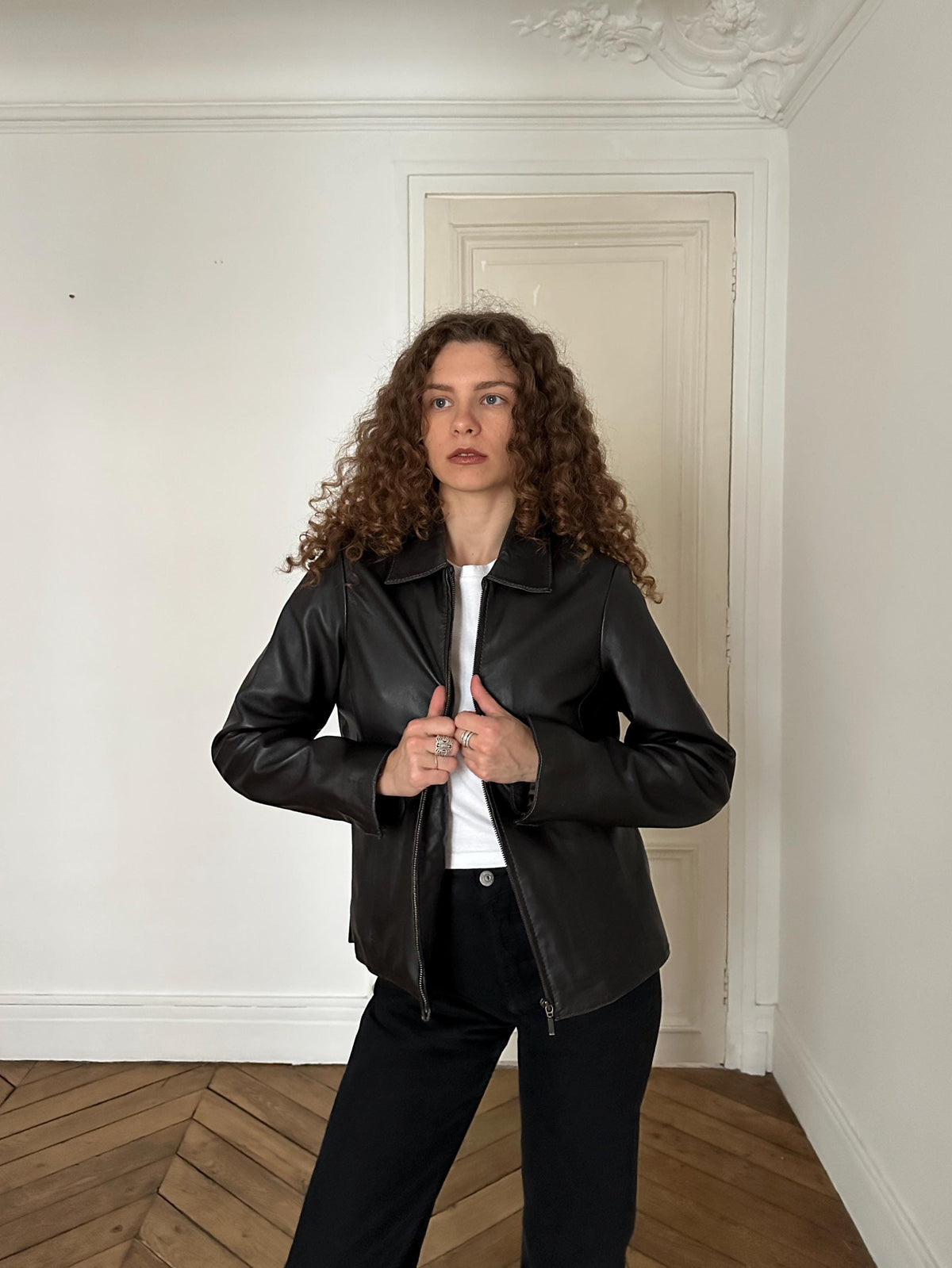 Vintage 90s Dark Brown Zip Boxy Leather Jacket