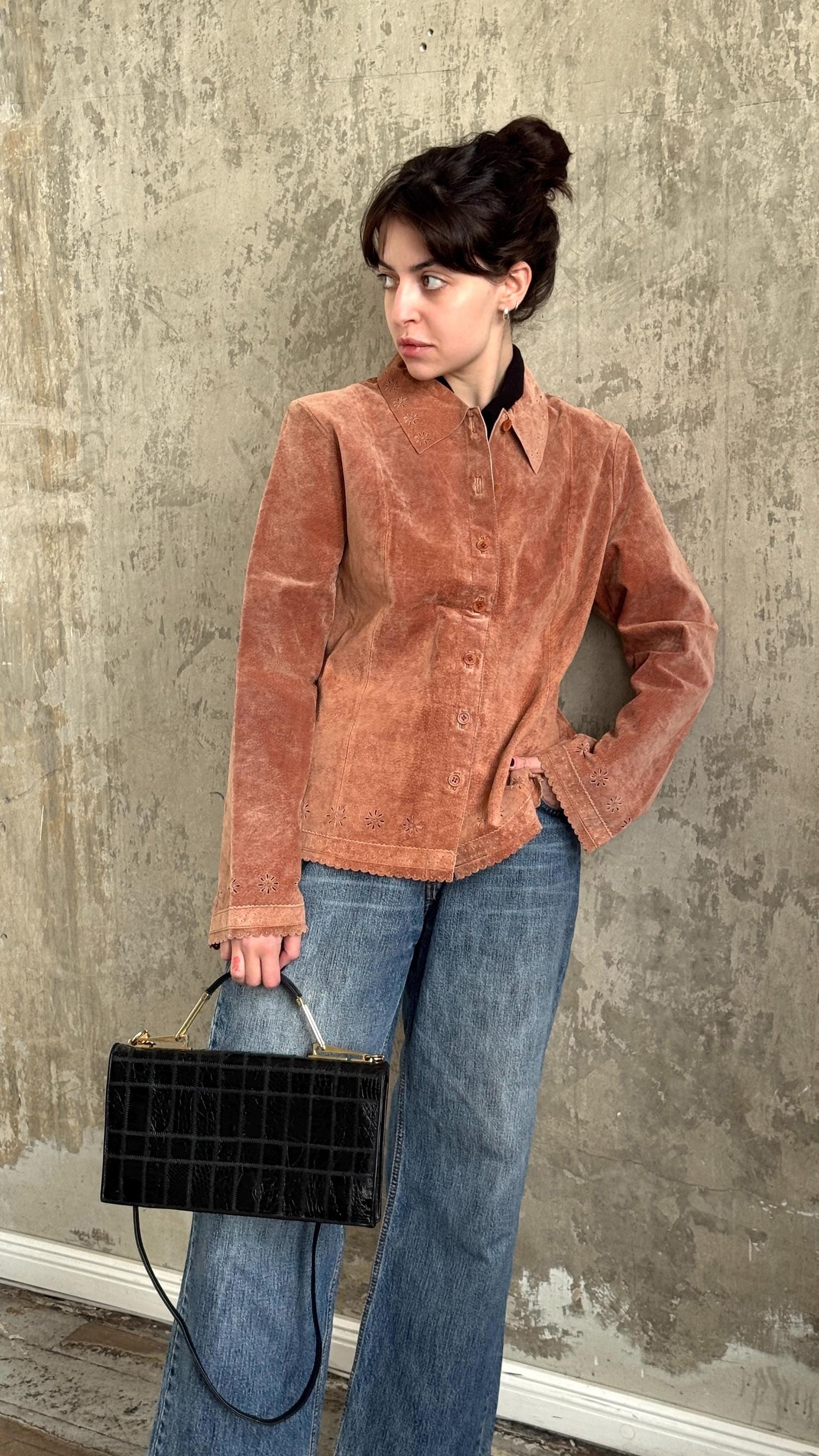 Vintage 90s Suede Leather Boxy Jacket In Brown