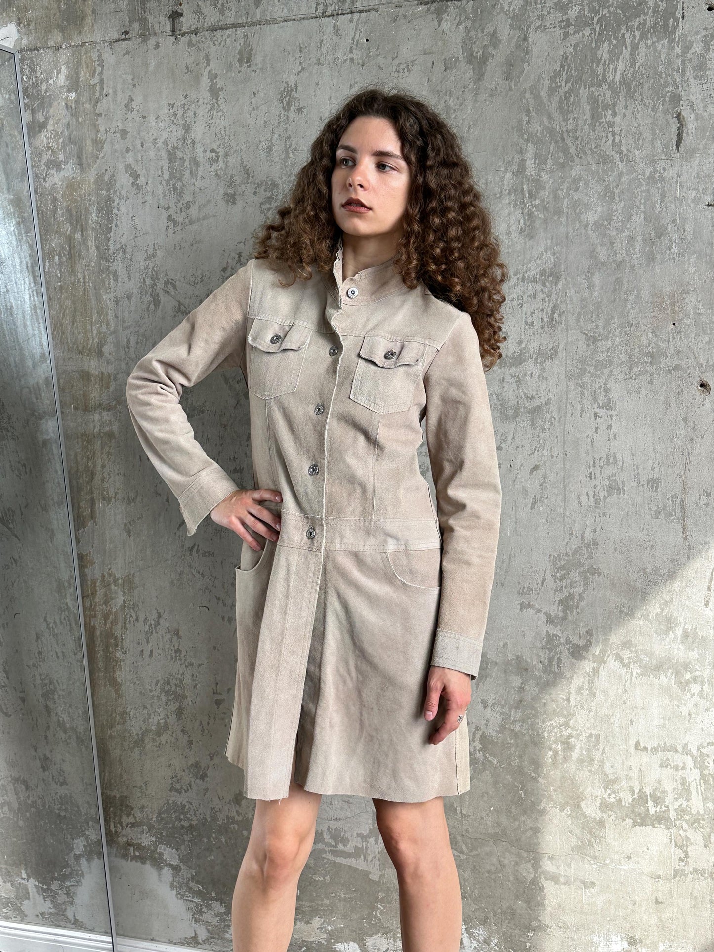 Vintage Beige Suede Leather Coat with Raw Edge