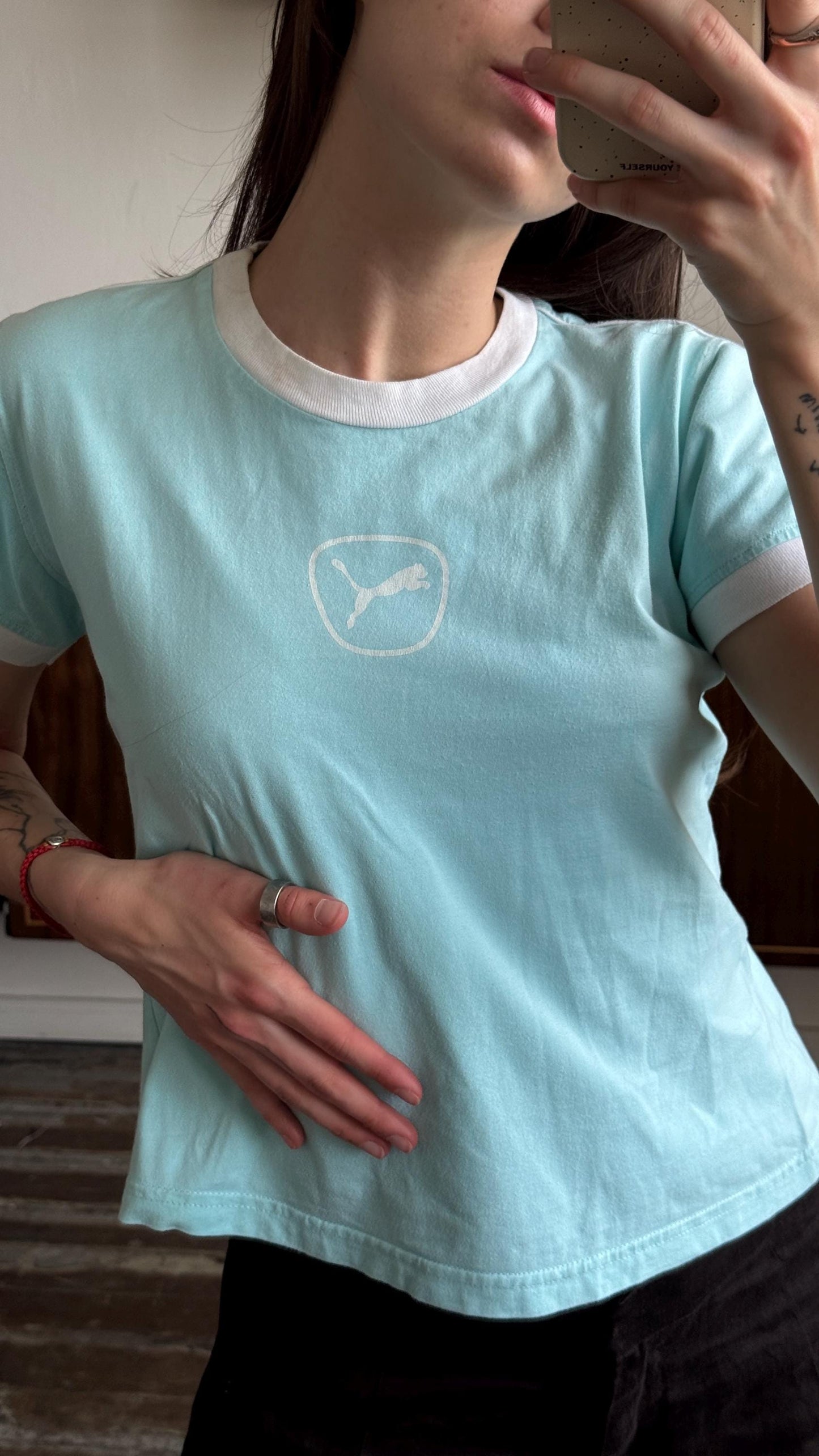 Vintage PUMA micro t-shirt in baby blue with logo