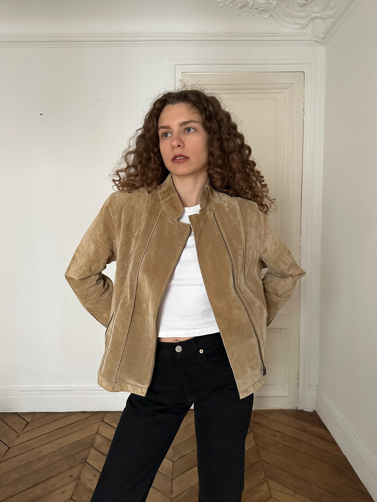 Vintage 90s Beige Suede Leather Motorcycle Jacket