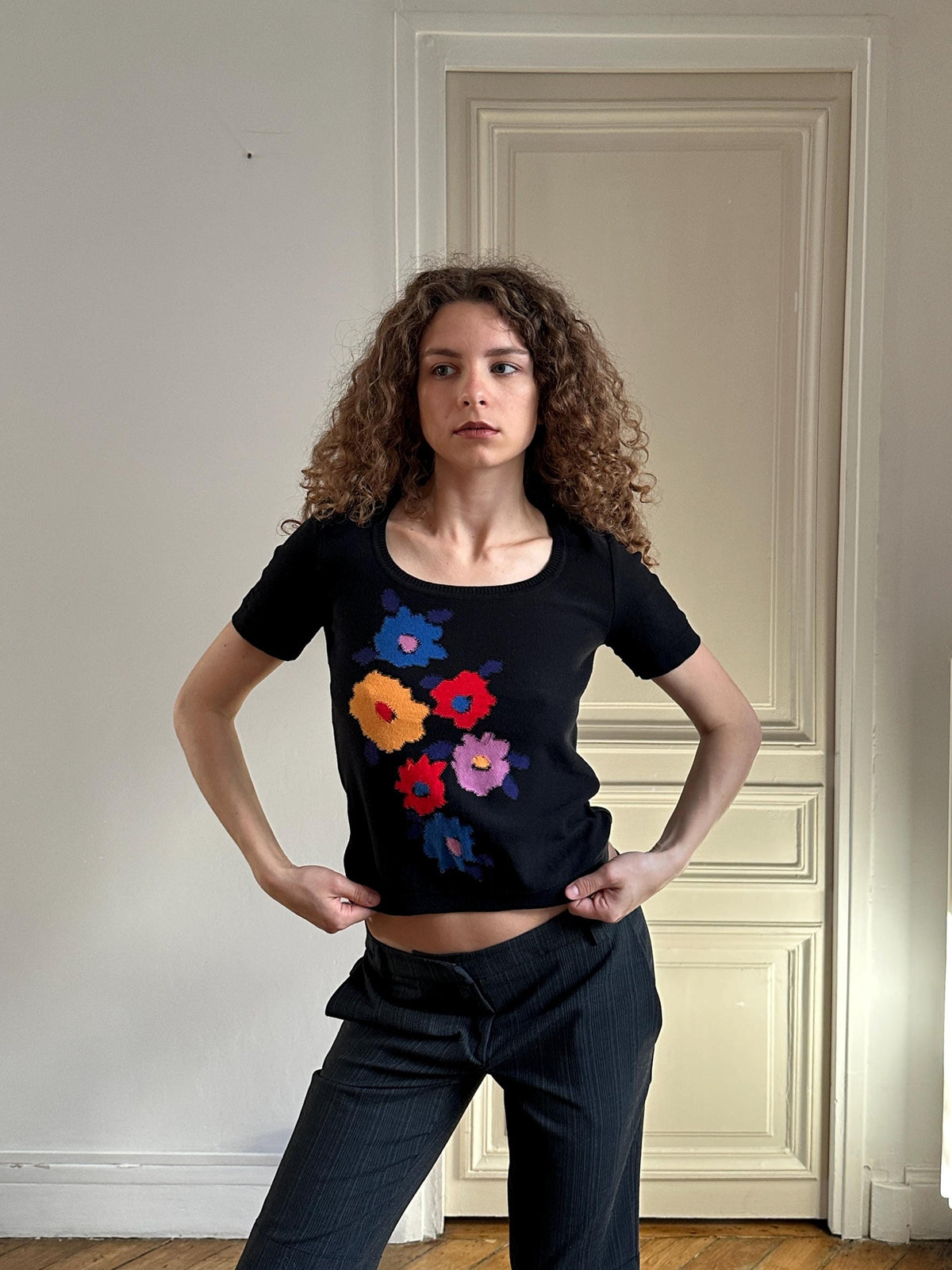 Vintage Sonia Rykiel Black Knit Top with Flowers