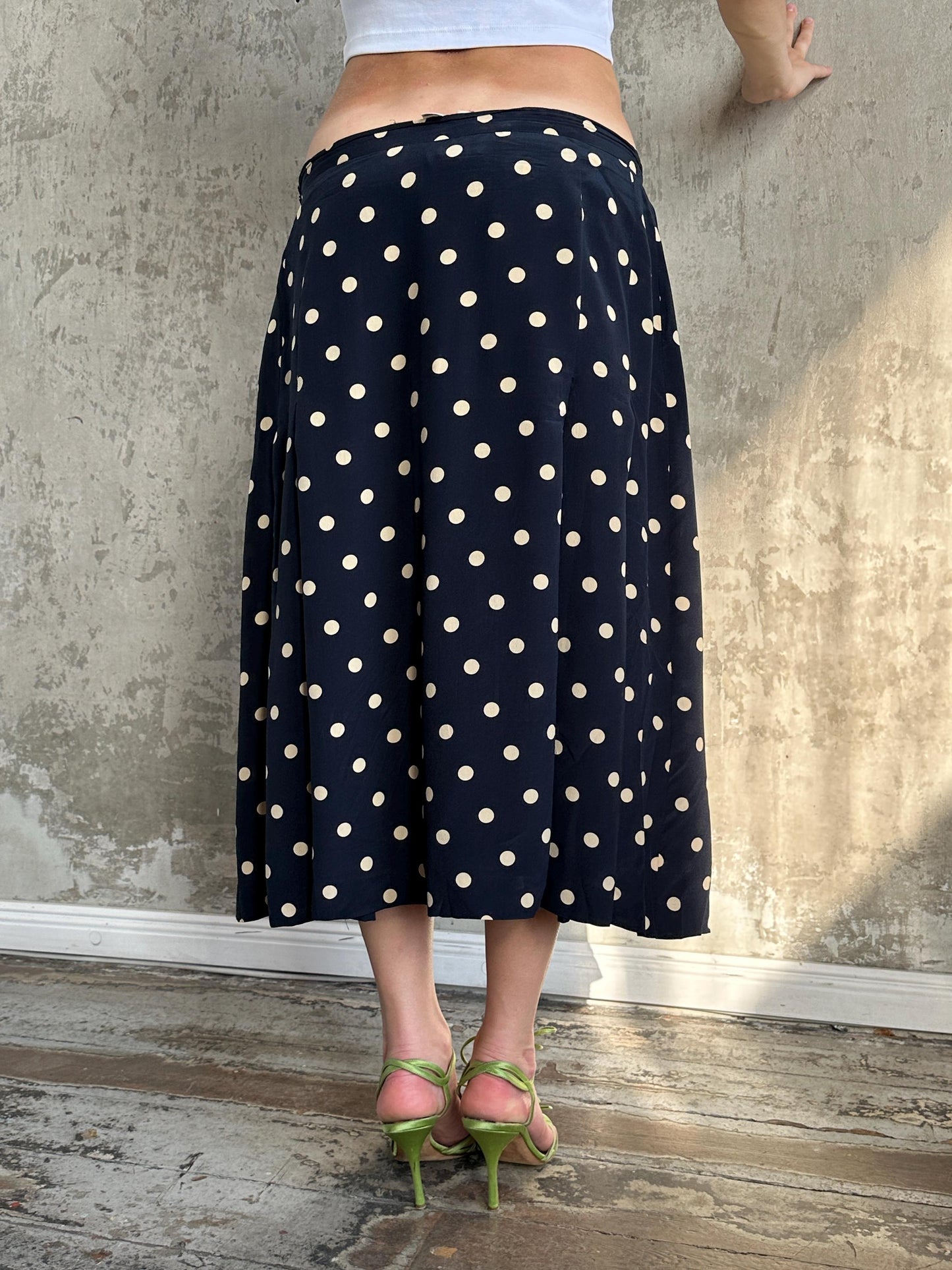 Vintage 90s Italian Silk Polka Dot Maxi Skirt in Black and White