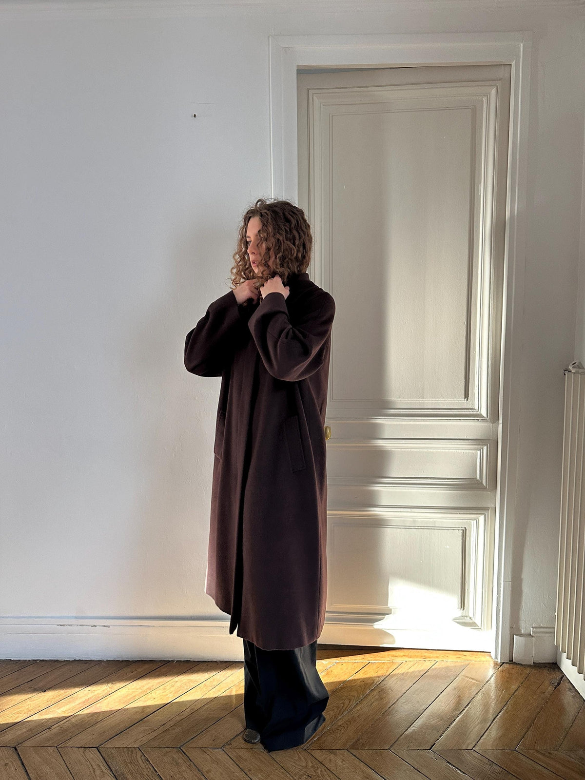 Vintage Les Copains Long Wool Angora Cashmere Coat in Chocolate Brown