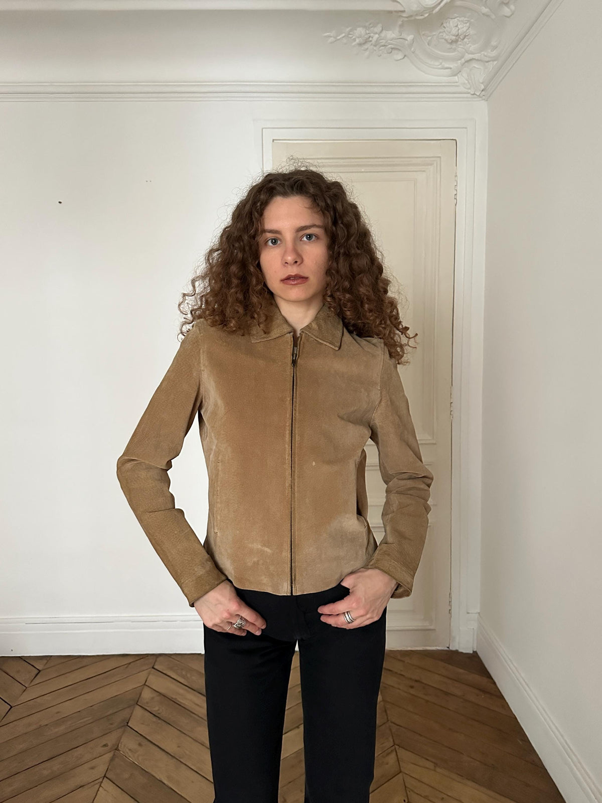 Vintage 90s Beige Suede Leather Minimalistic Jacket