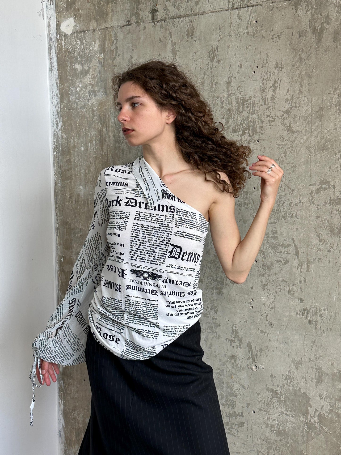 Vintage Denny Rose Newspaper Print One-Shoulder Top in Black and White