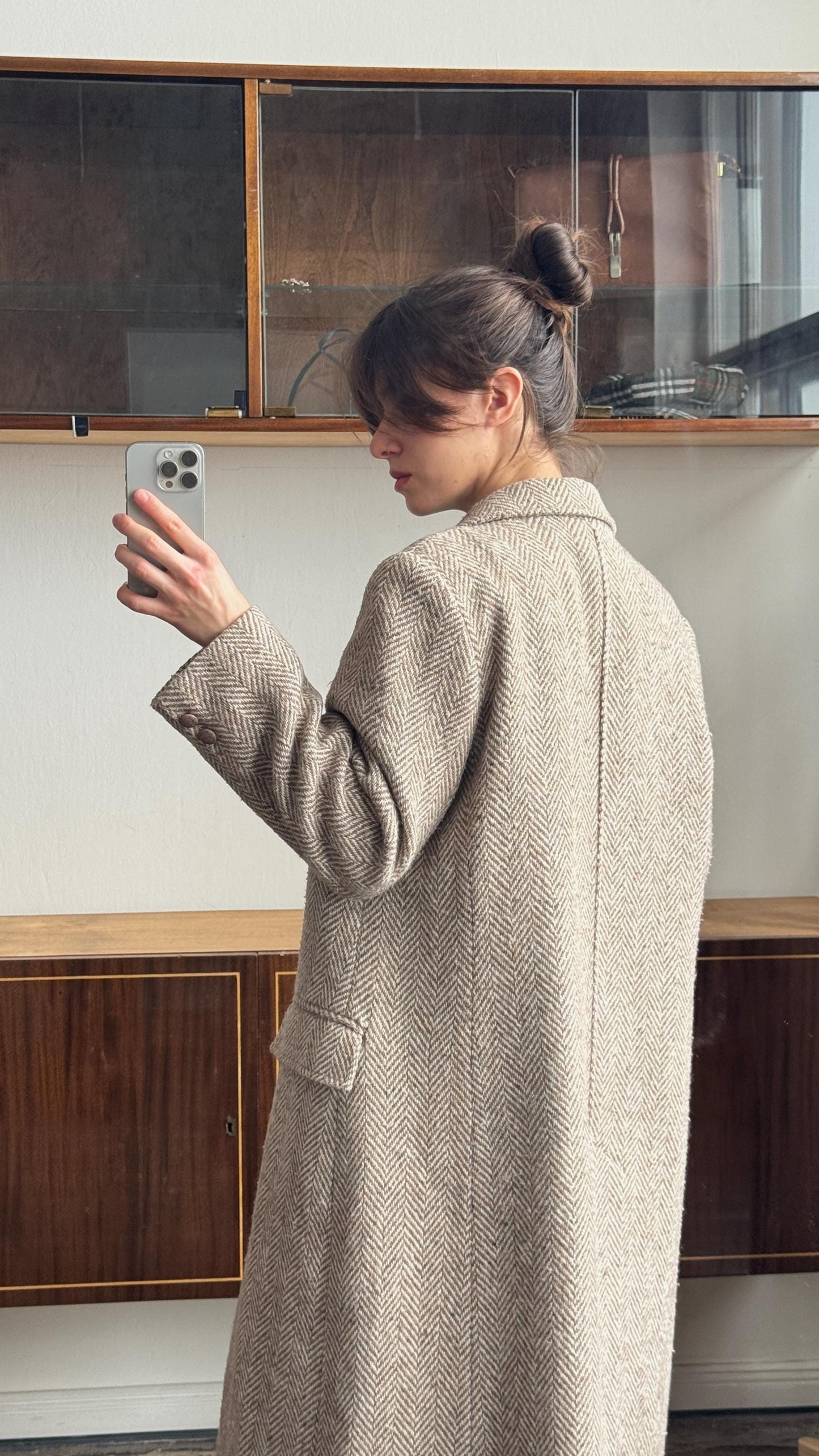 Vintage 90s Maxi Wool Classic Double-Breasted Coat In Beige