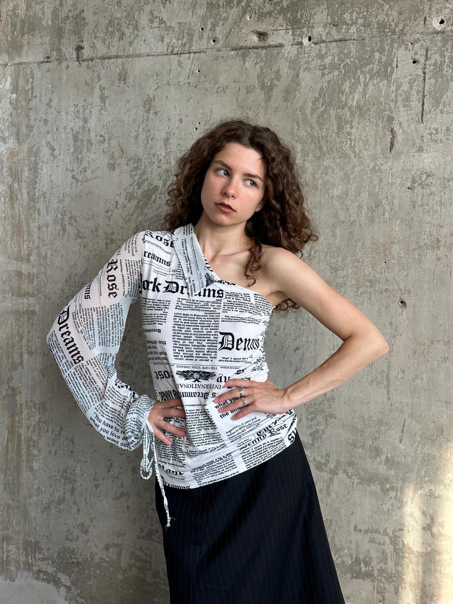 Vintage Denny Rose Newspaper Print One-Shoulder Top in Black and White