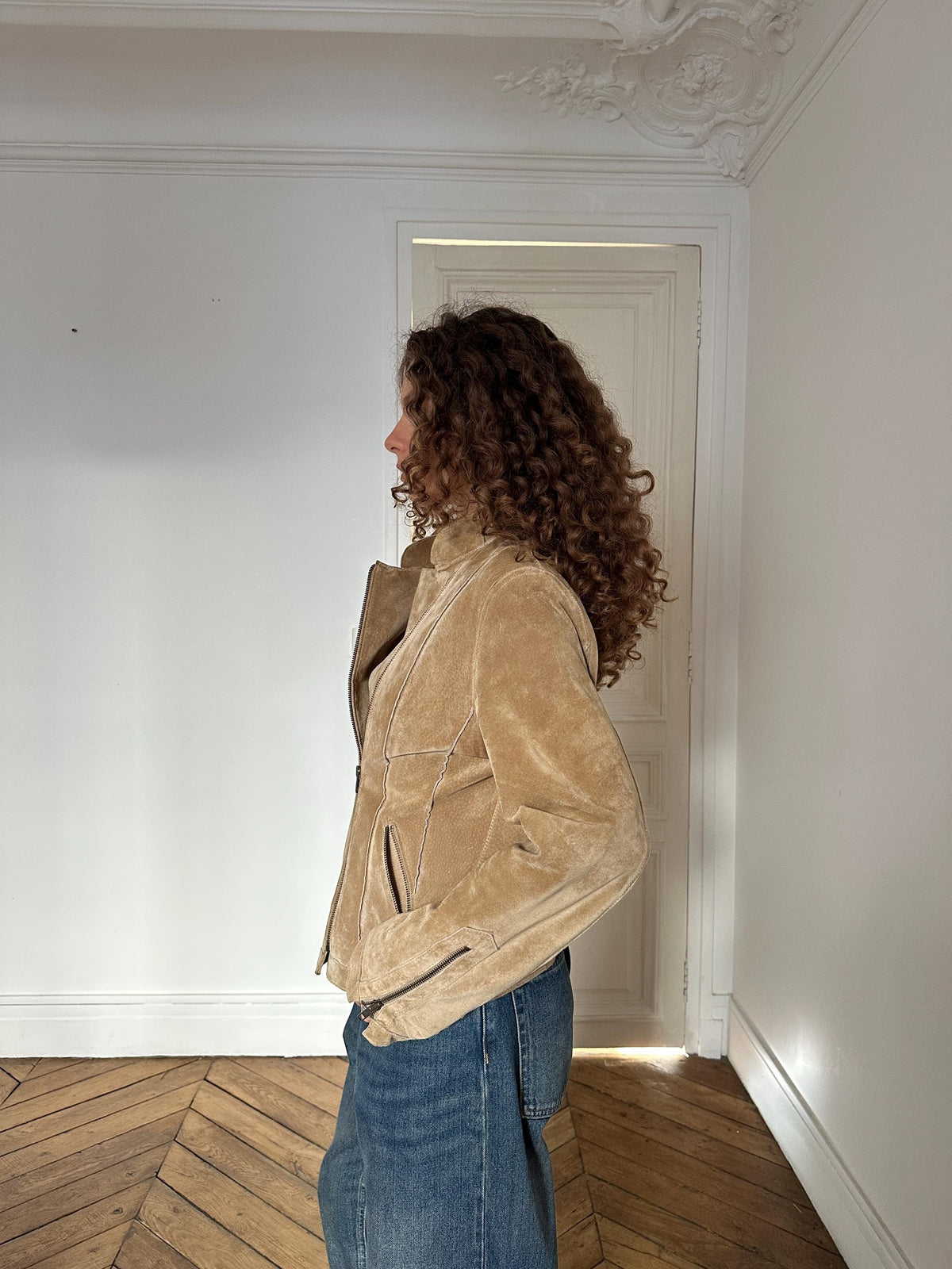 Vintage 90s Beige Suede Leather Motorcycle Jacket