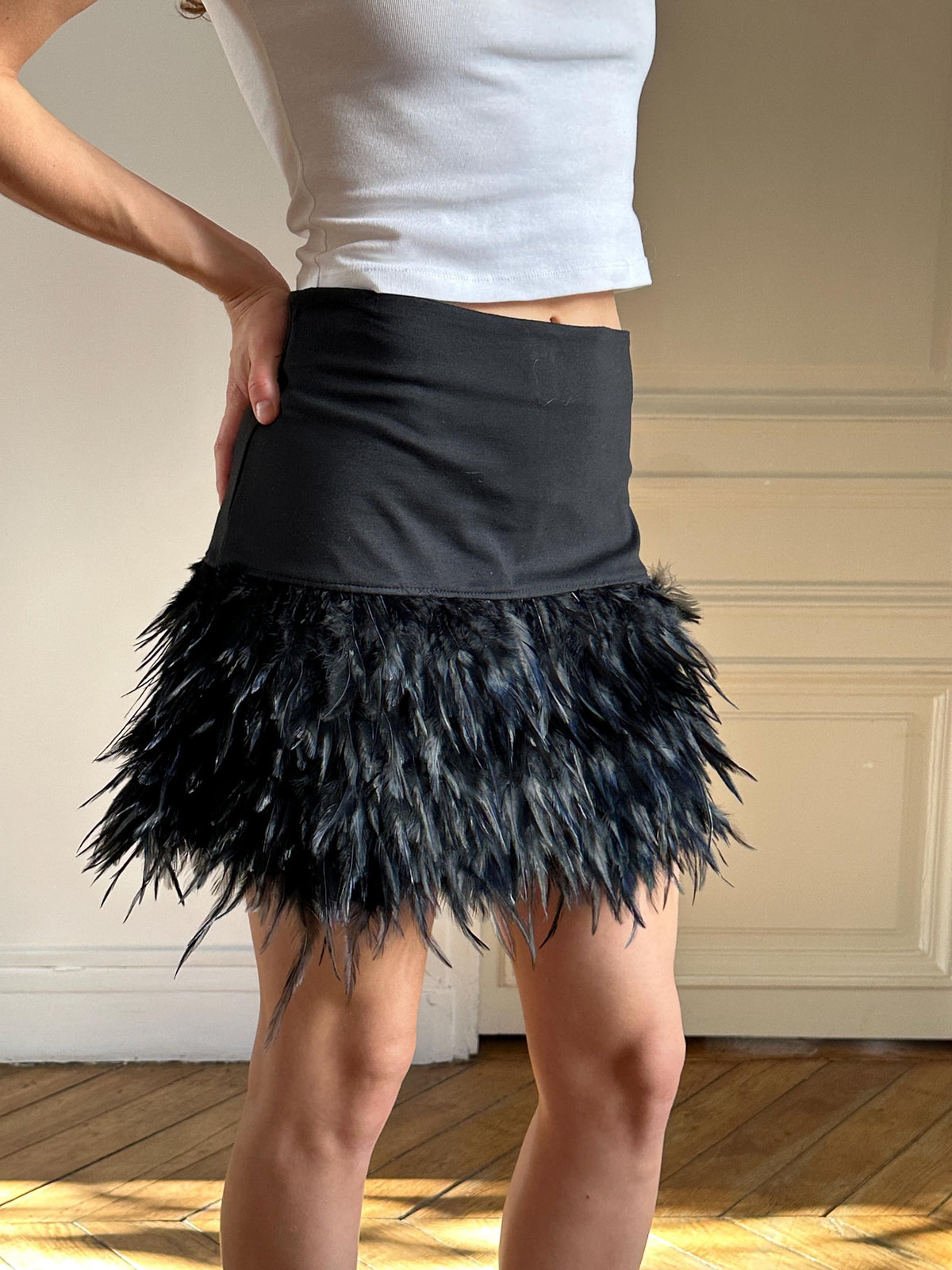 Vintage Black Feather Mini Skirt with Faux Feathers