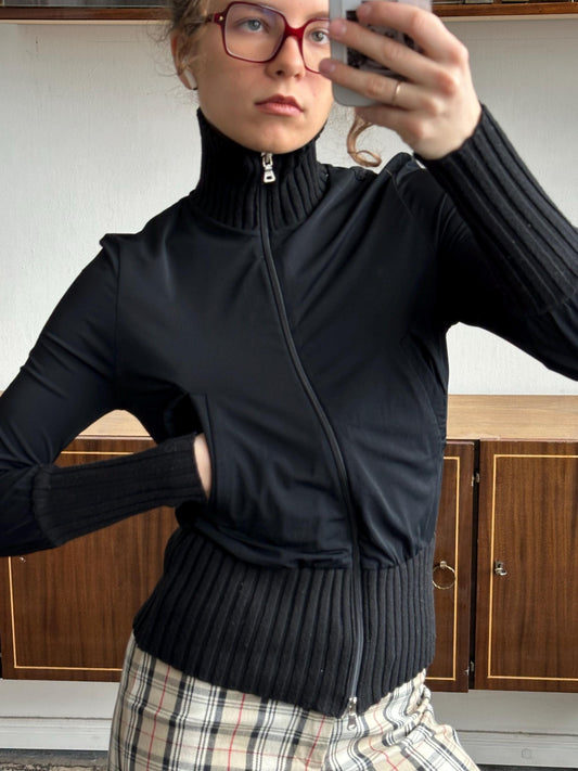 Vintage funnel-neck zip-up athletic cardigan in black