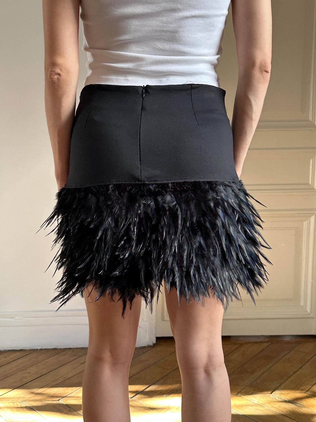 Vintage Black Feather Mini Skirt with Faux Feathers
