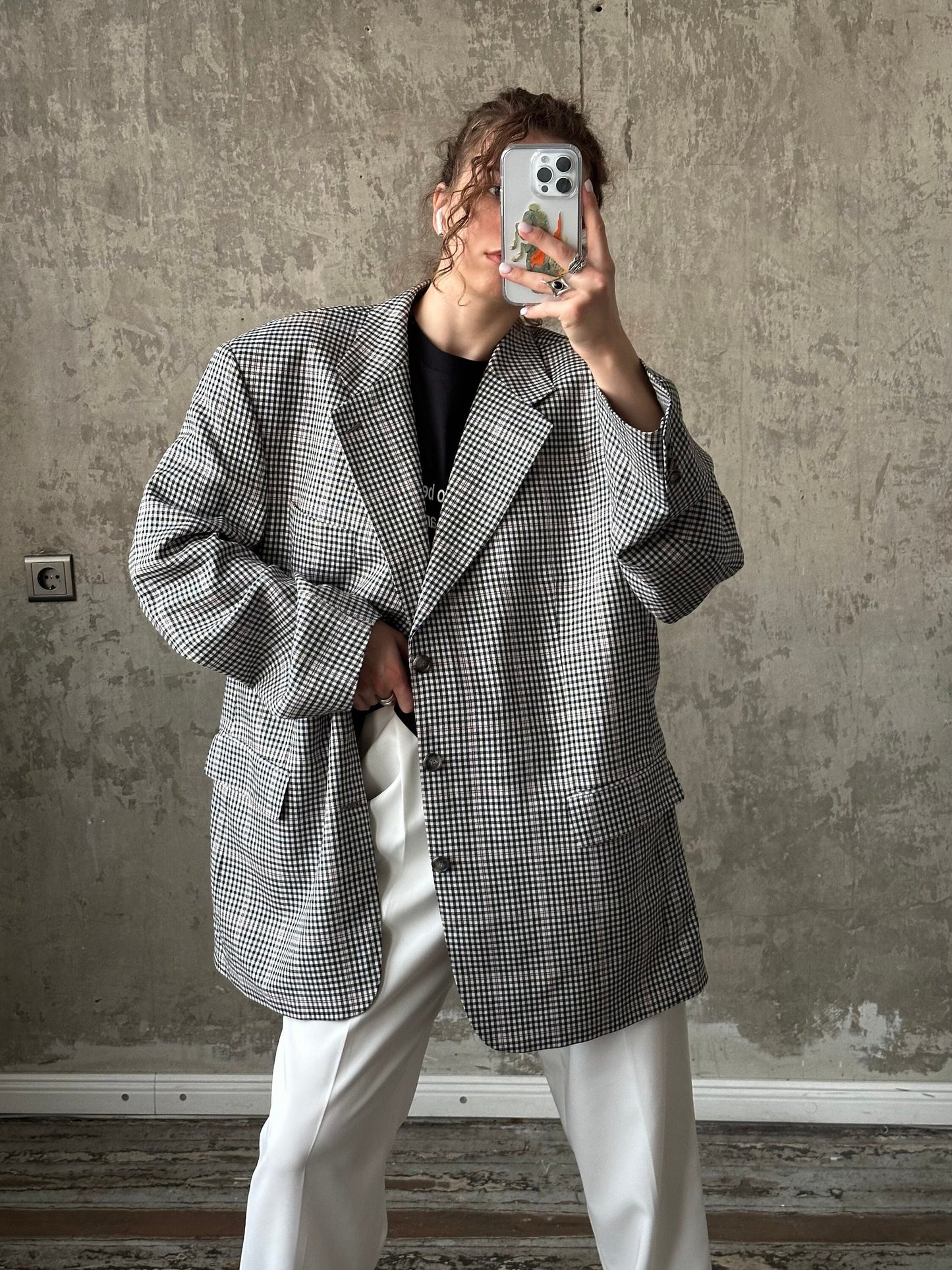 Vintage boyfriend check blazer in black and white, wool blazer