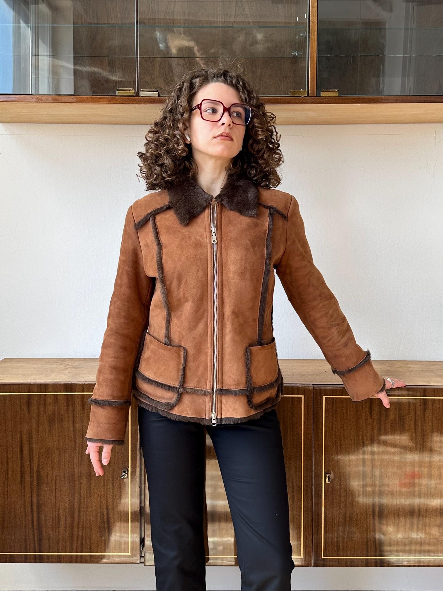 Vintage suede faux leather collar coat in brown
