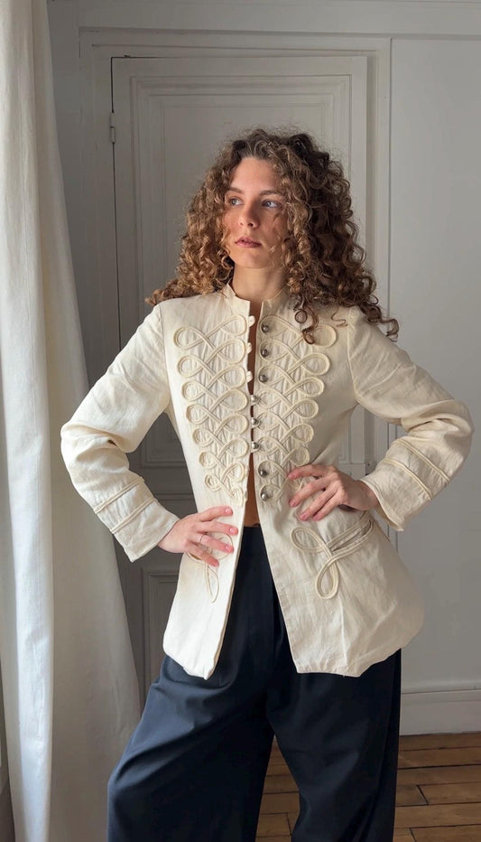 Vintage Cheap & Chic Moschino Linen Jacket | Cream Military Band Jacket
