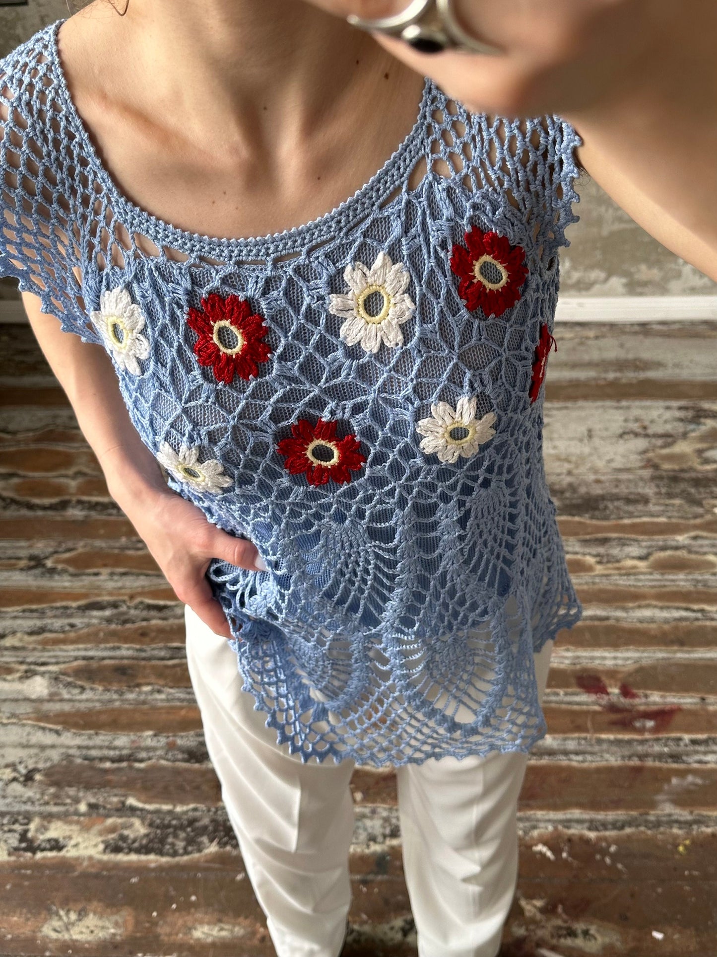 Vintage y2k purple knitted top, crochet top
