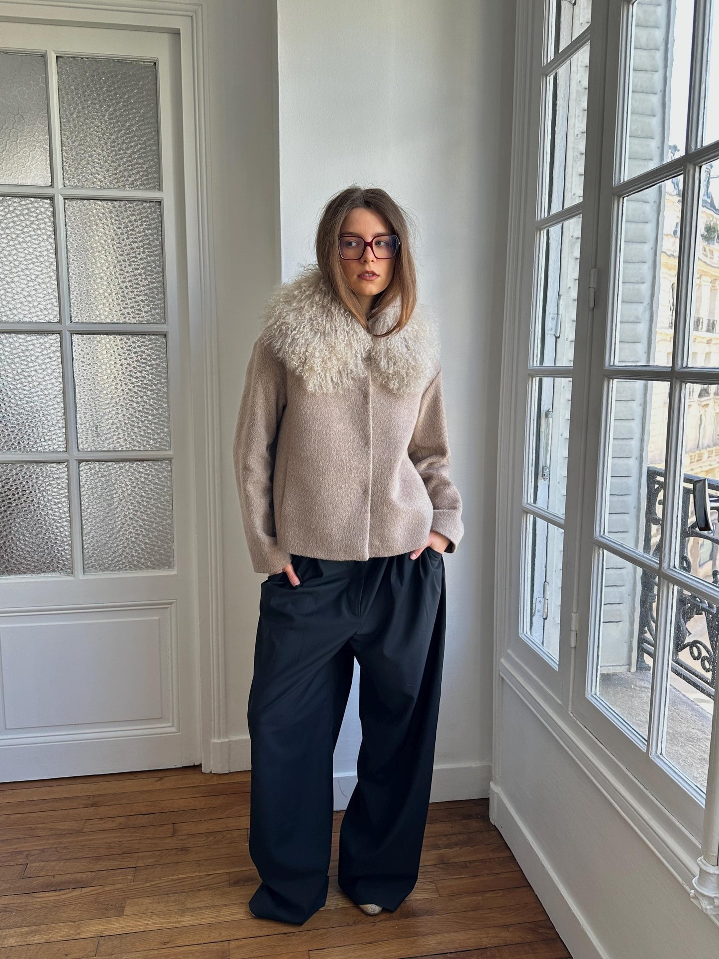 Vintage 90s Beige Coat with Voluminous Fur Collar