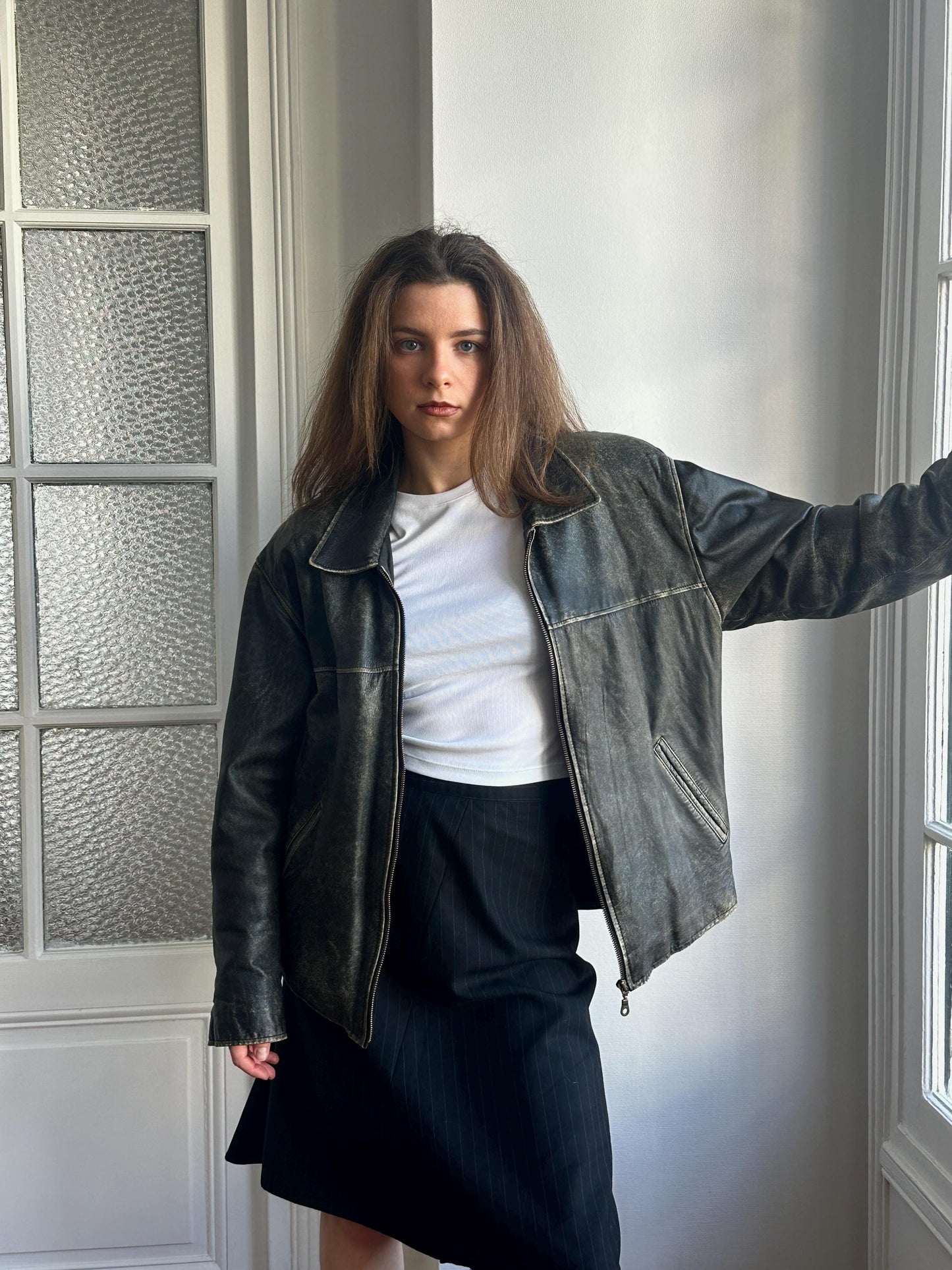 Vintage Distressed Leather Bomber Jacket in Black