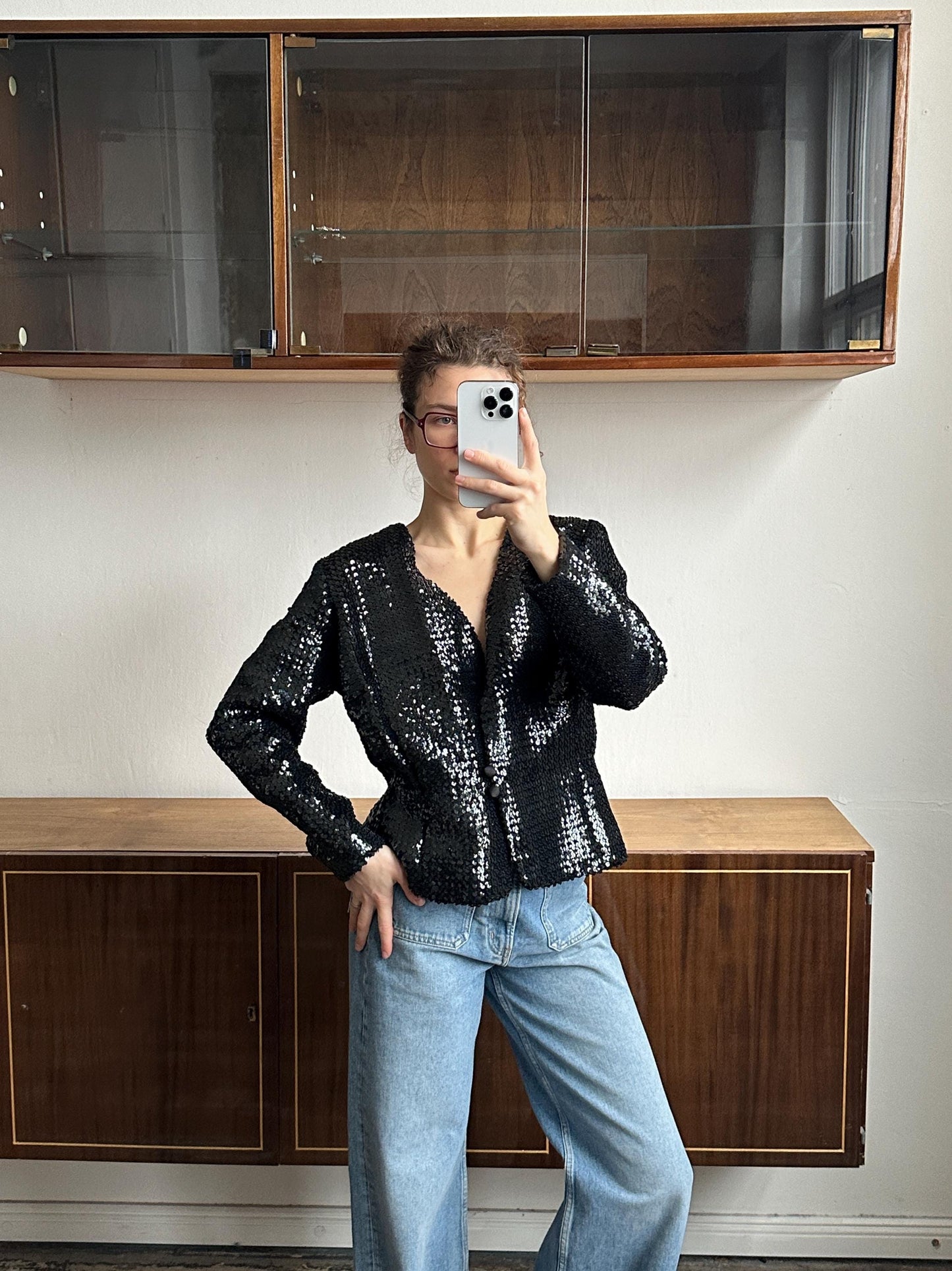 Vintage 90s Sparkle Sequin Party Evening Blazer In Black