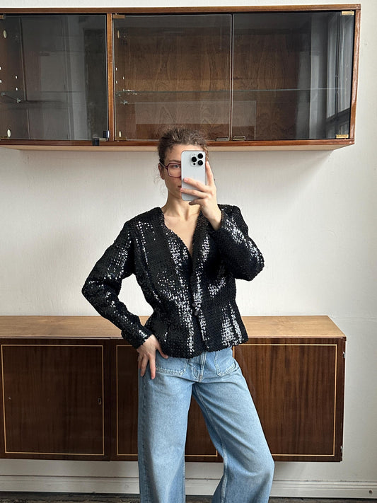 Vintage 90s Sparkle Sequin Party Evening Blazer In Black