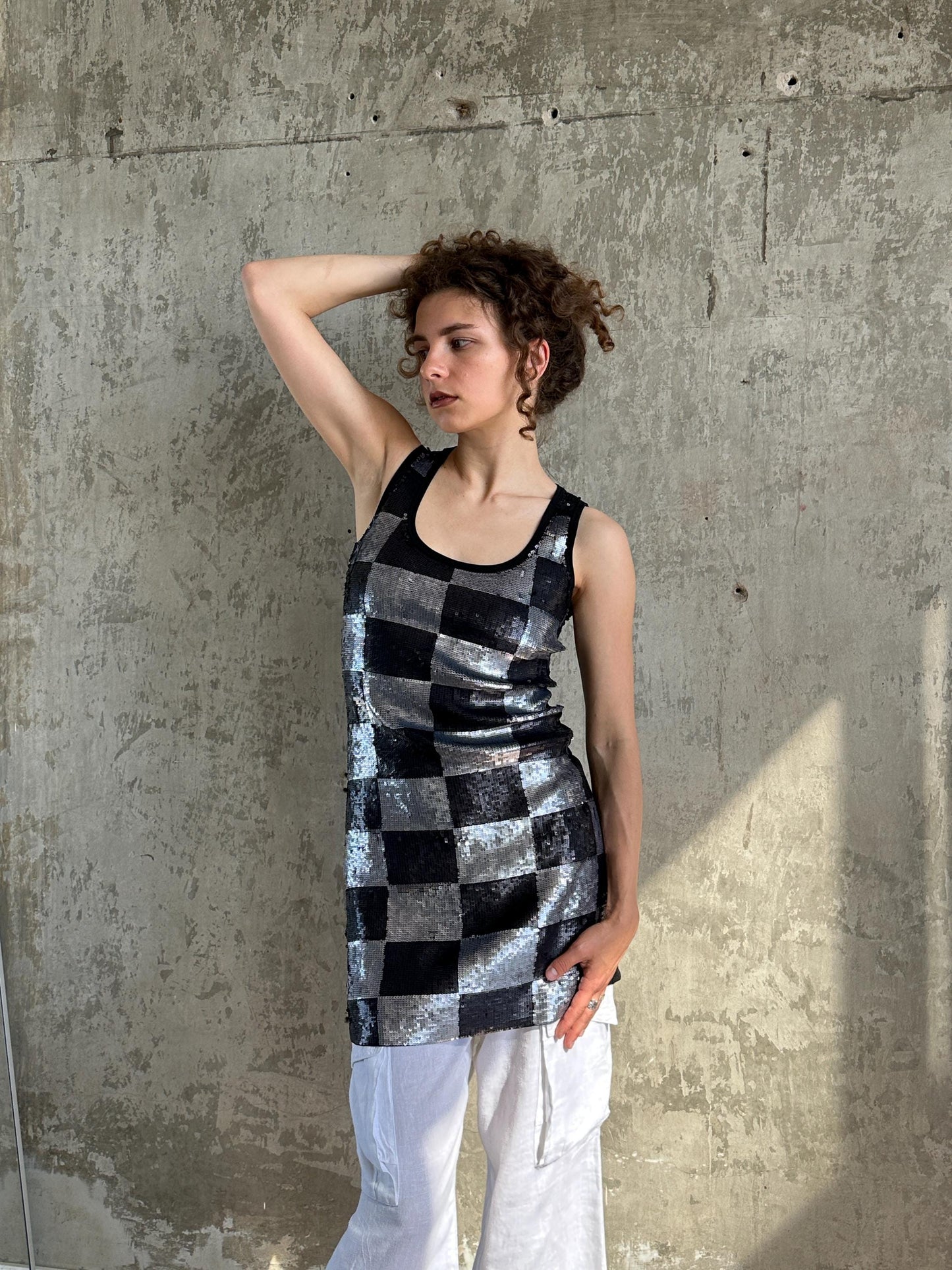 Vintage Silver Black Checkerboard Sequin Mini Dress