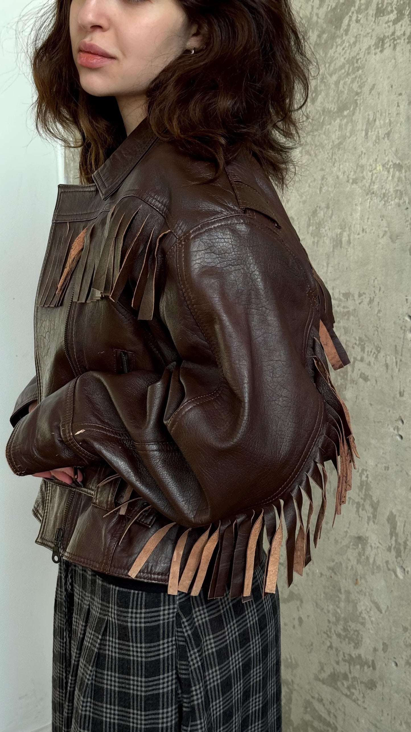 Vintage 90s Western Leather Biker Jacket In Brown with Fringe