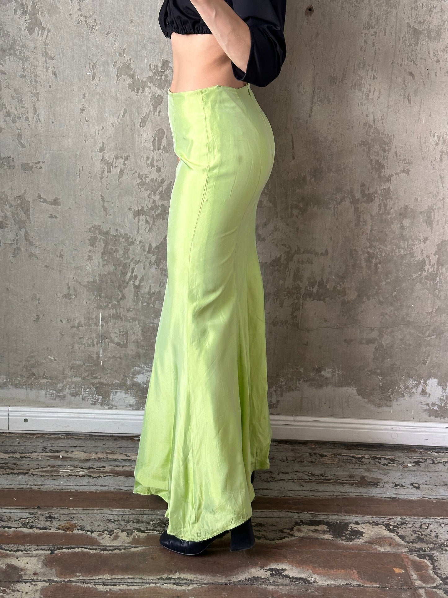 Vintage y2k shiny prom skirt, floor acid green mermaid skirt
